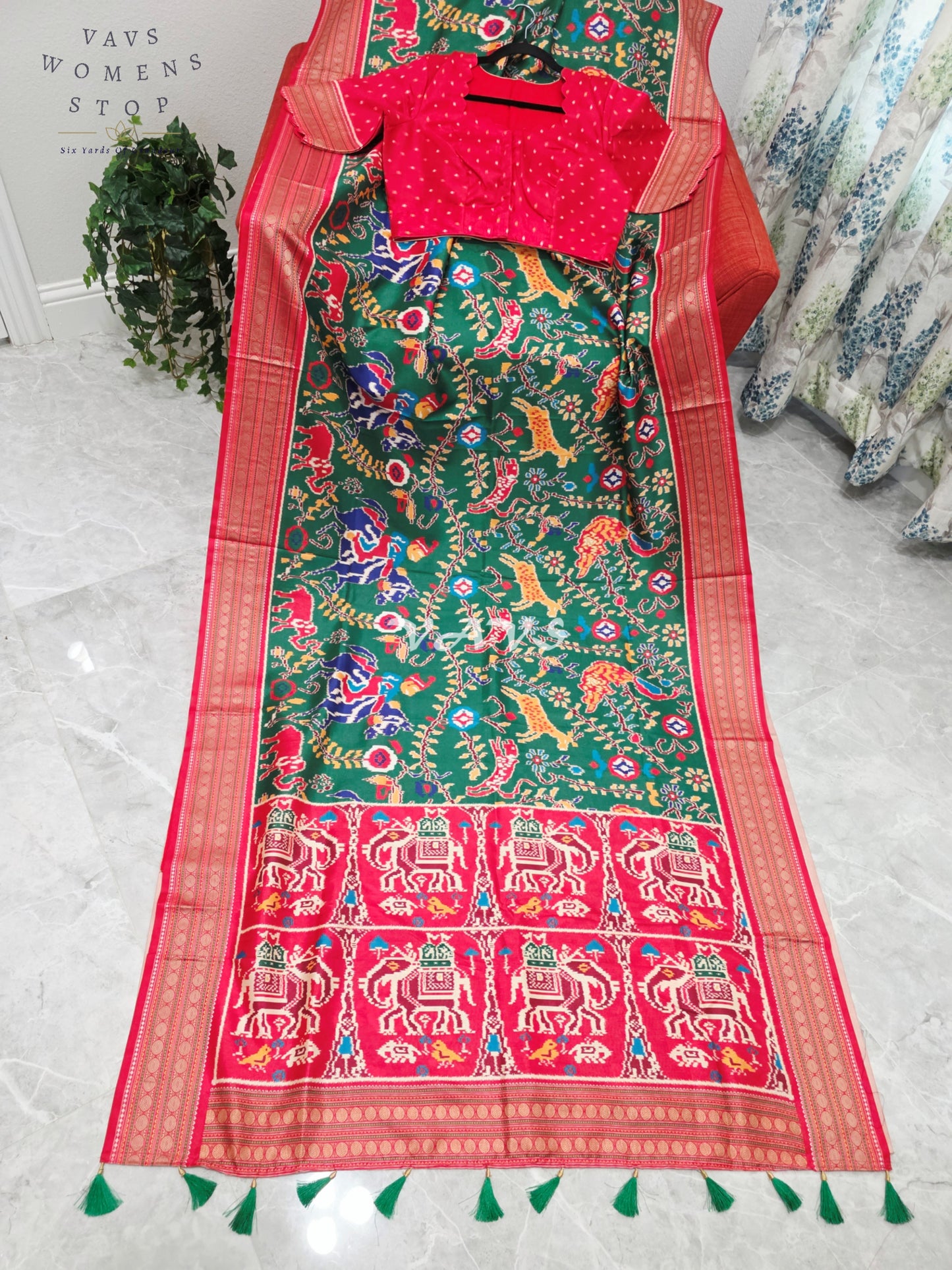 Emerald Green Patola Print Soft Silk Saree with Heritage Elephant Pallu & Ruby Red Stitched Blouse Size 40-46