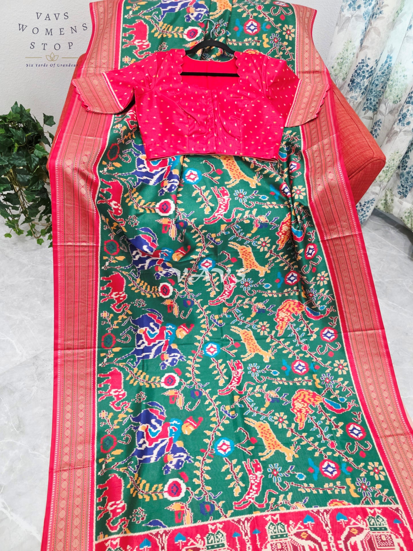 Emerald Green Patola Print Soft Silk Saree with Heritage Elephant Pallu & Ruby Red Stitched Blouse Size 40-46