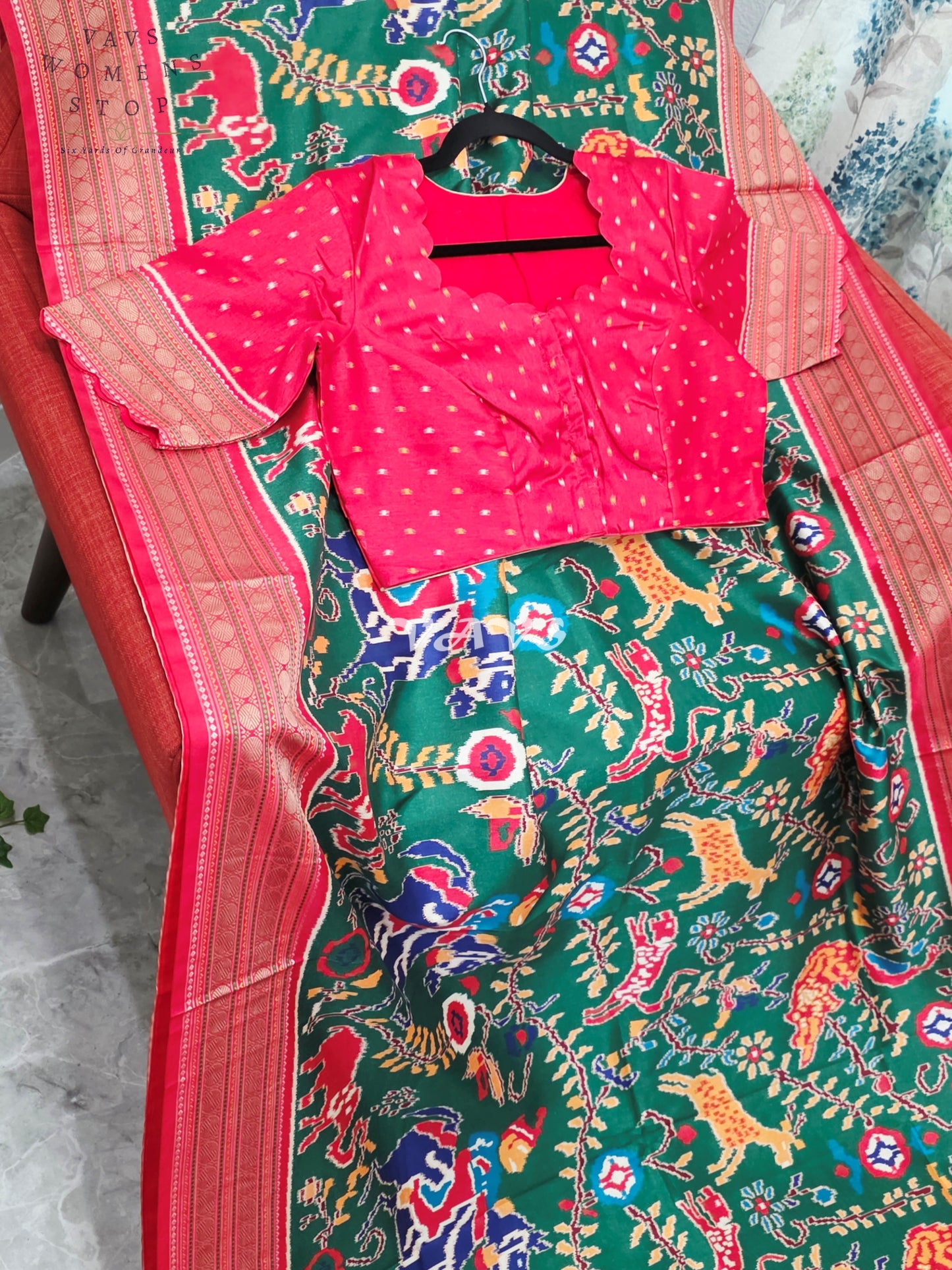 Emerald Green Patola Print Soft Silk Saree with Heritage Elephant Pallu & Ruby Red Stitched Blouse Size 40-46