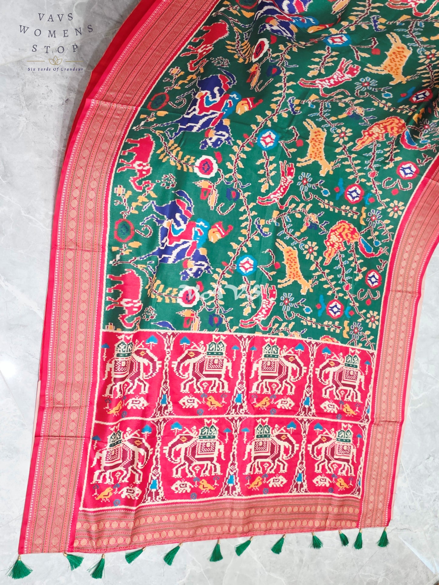 Emerald Green Patola Print Soft Silk Saree with Heritage Elephant Pallu & Ruby Red Stitched Blouse Size 40-46