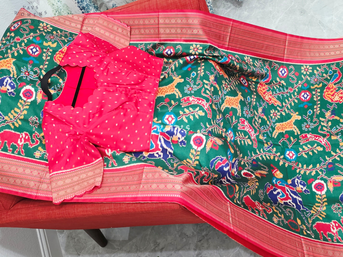 Emerald Green Patola Print Soft Silk Saree with Heritage Elephant Pallu & Ruby Red Stitched Blouse Size 40-46