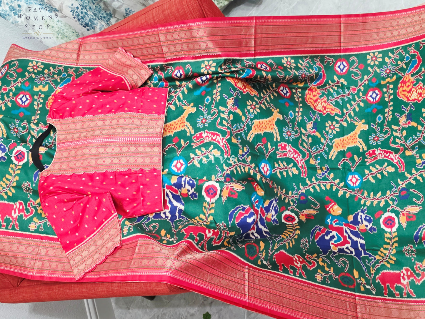 Emerald Green Patola Print Soft Silk Saree with Heritage Elephant Pallu & Ruby Red Stitched Blouse Size 40-46