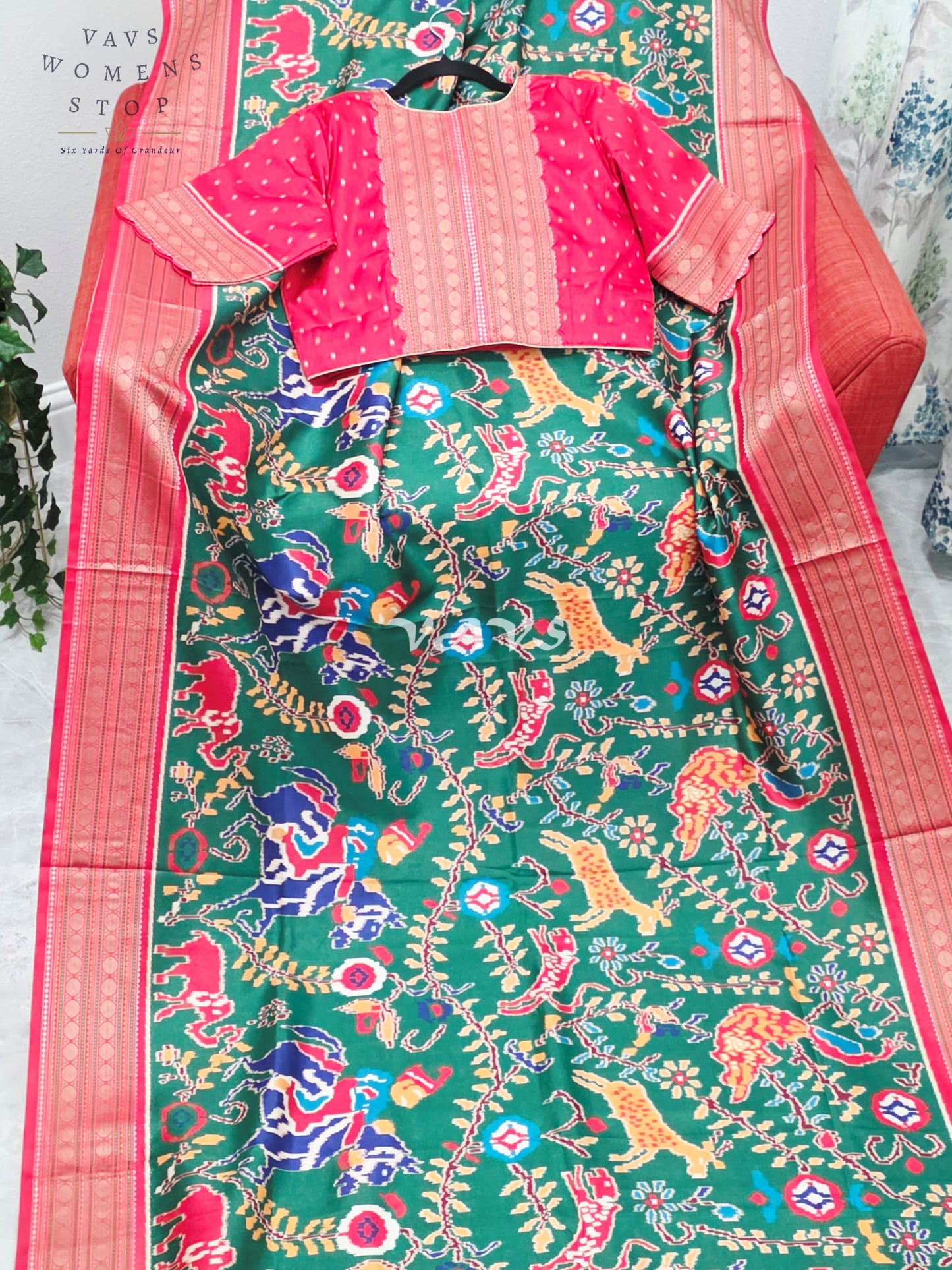 Emerald Green Patola Print Soft Silk Saree with Heritage Elephant Pallu & Ruby Red Stitched Blouse Size 40-46