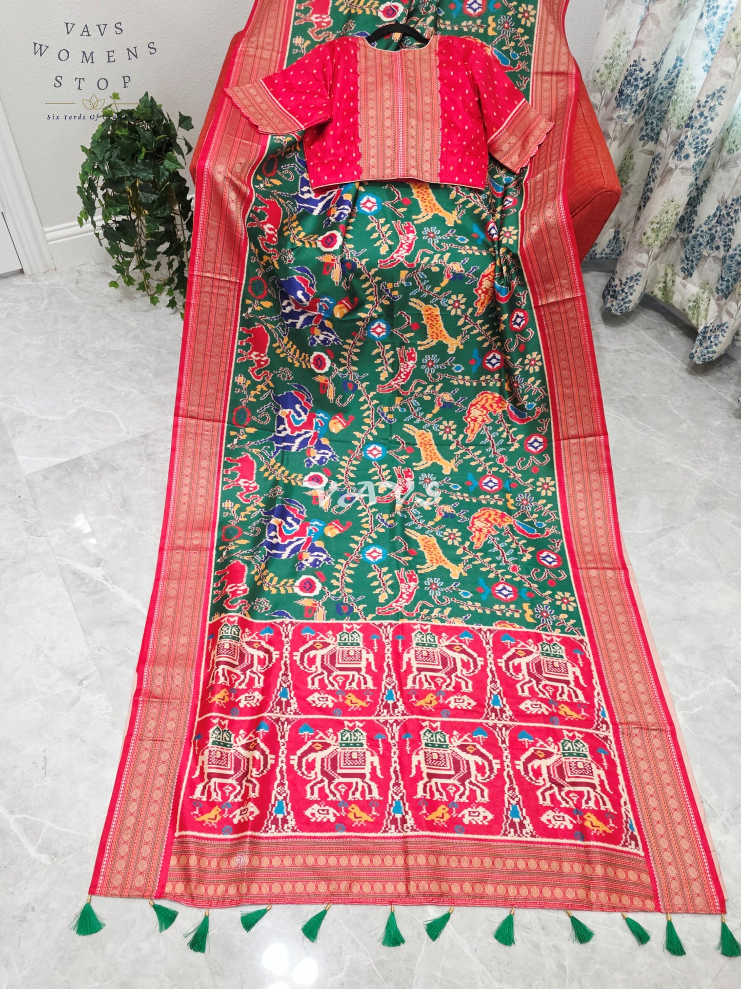 Emerald Green Patola Print Soft Silk Saree with Heritage Elephant Pallu & Ruby Red Stitched Blouse Size 40-46