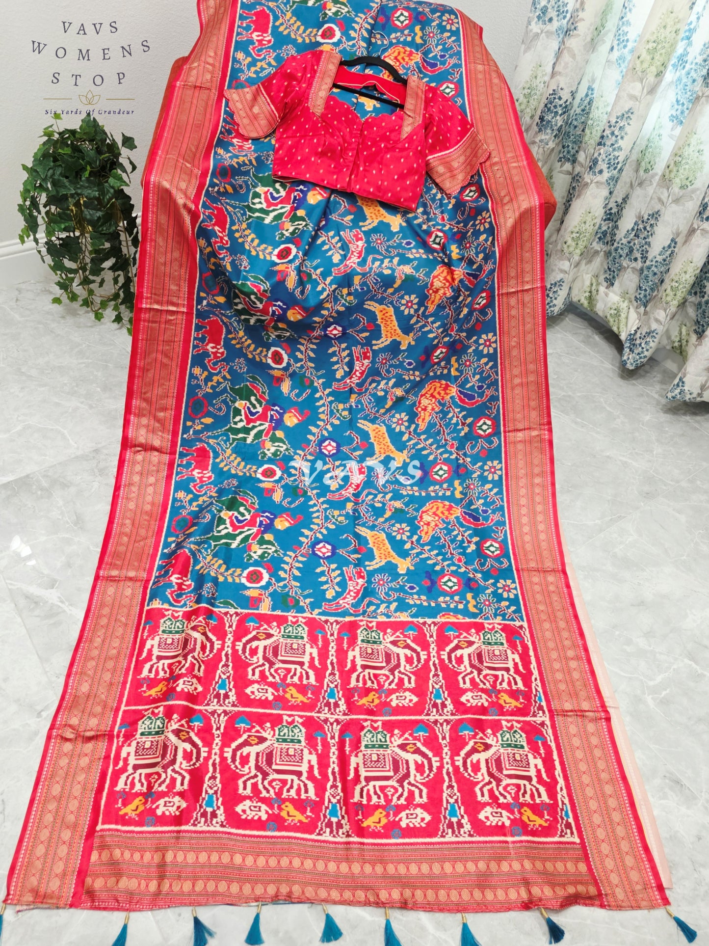 Royal Peacock Blue Patola Print Soft Silk Saree with Heritage Elephant Pallu & Ruby Red Stitched Blouse Size 36-42