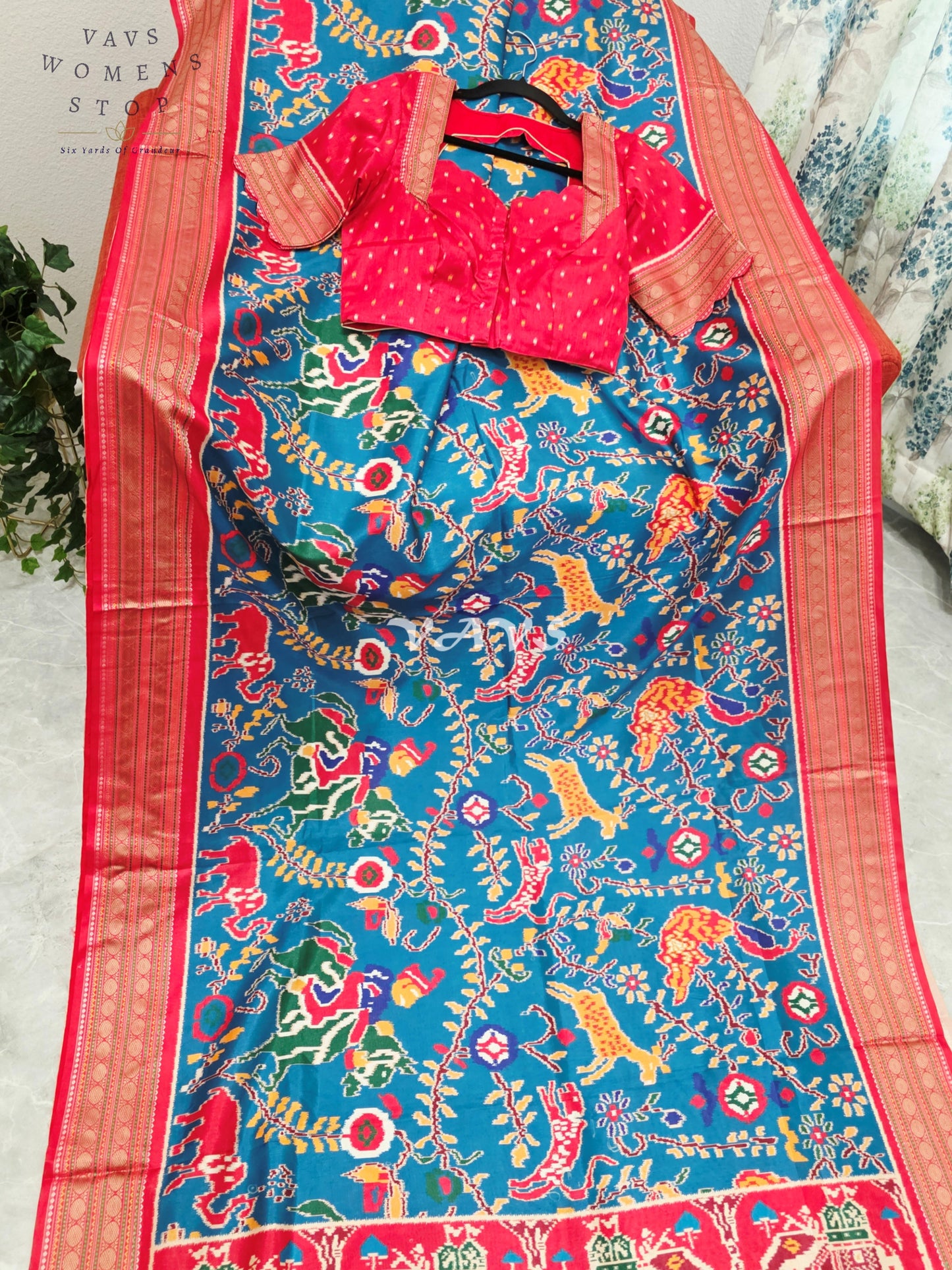 Royal Peacock Blue Patola Print Soft Silk Saree with Heritage Elephant Pallu & Ruby Red Stitched Blouse Size 36-42
