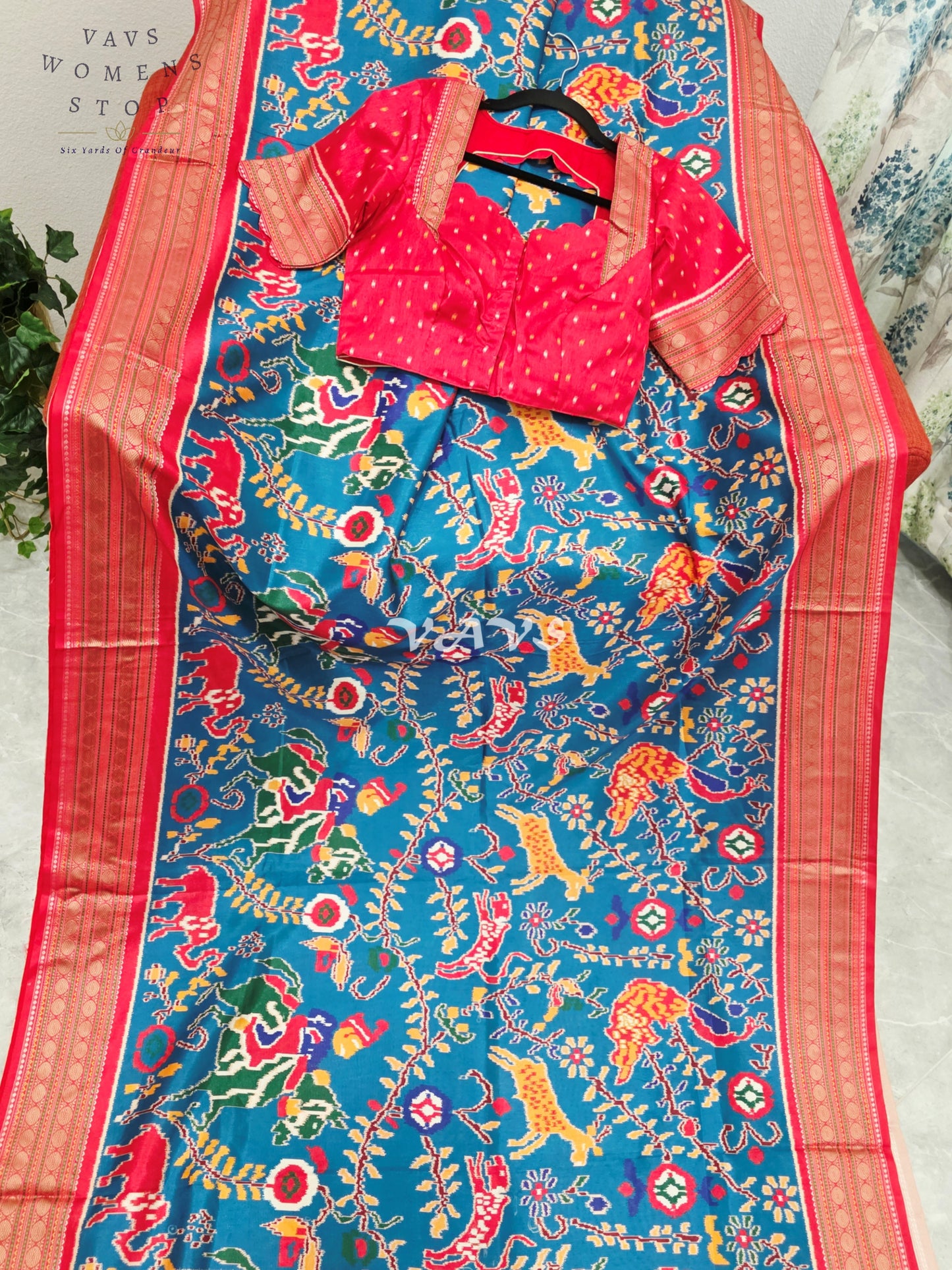 Royal Peacock Blue Patola Print Soft Silk Saree with Heritage Elephant Pallu & Ruby Red Stitched Blouse Size 36-42