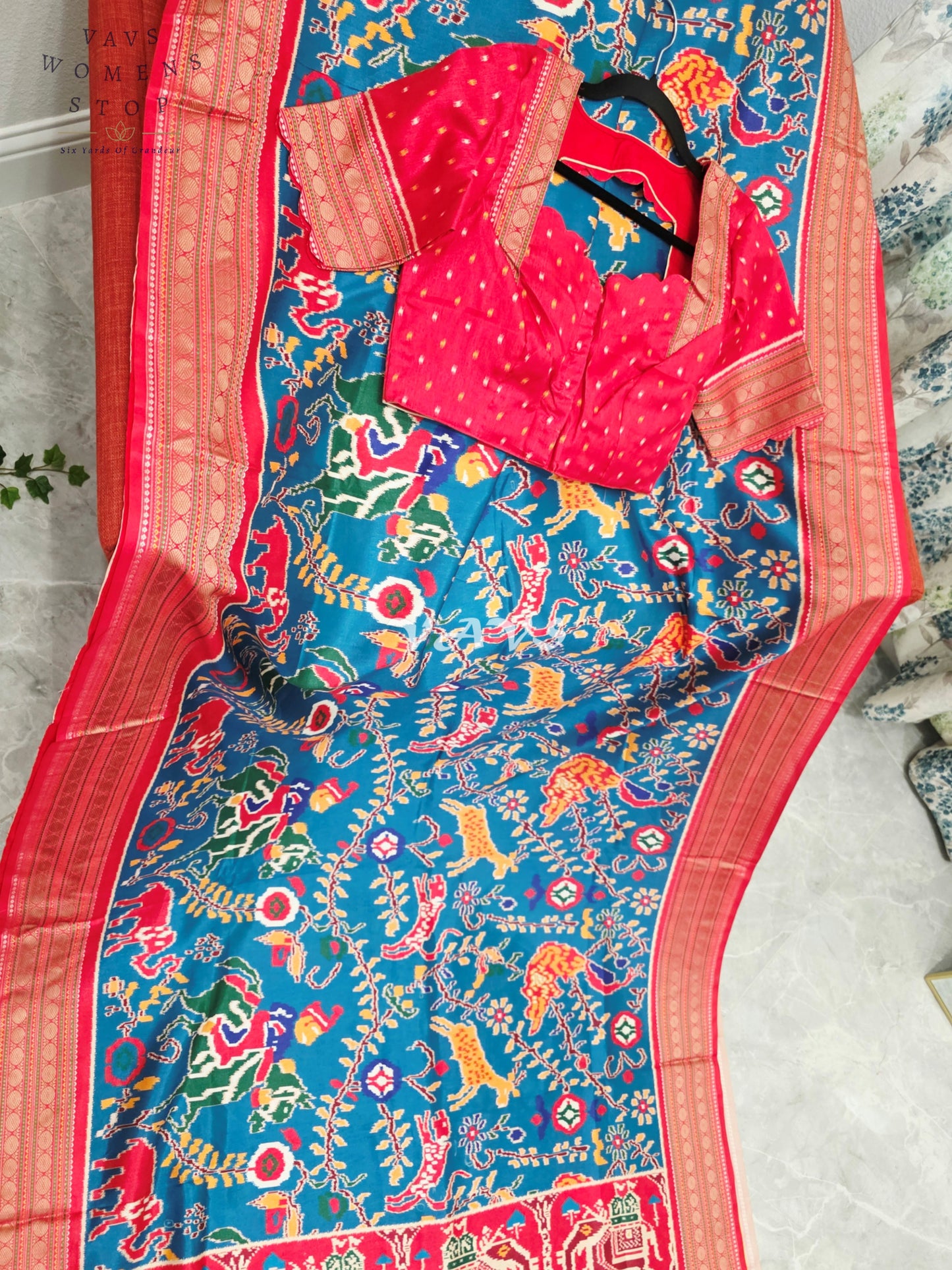 Royal Peacock Blue Patola Print Soft Silk Saree with Heritage Elephant Pallu & Ruby Red Stitched Blouse Size 36-42