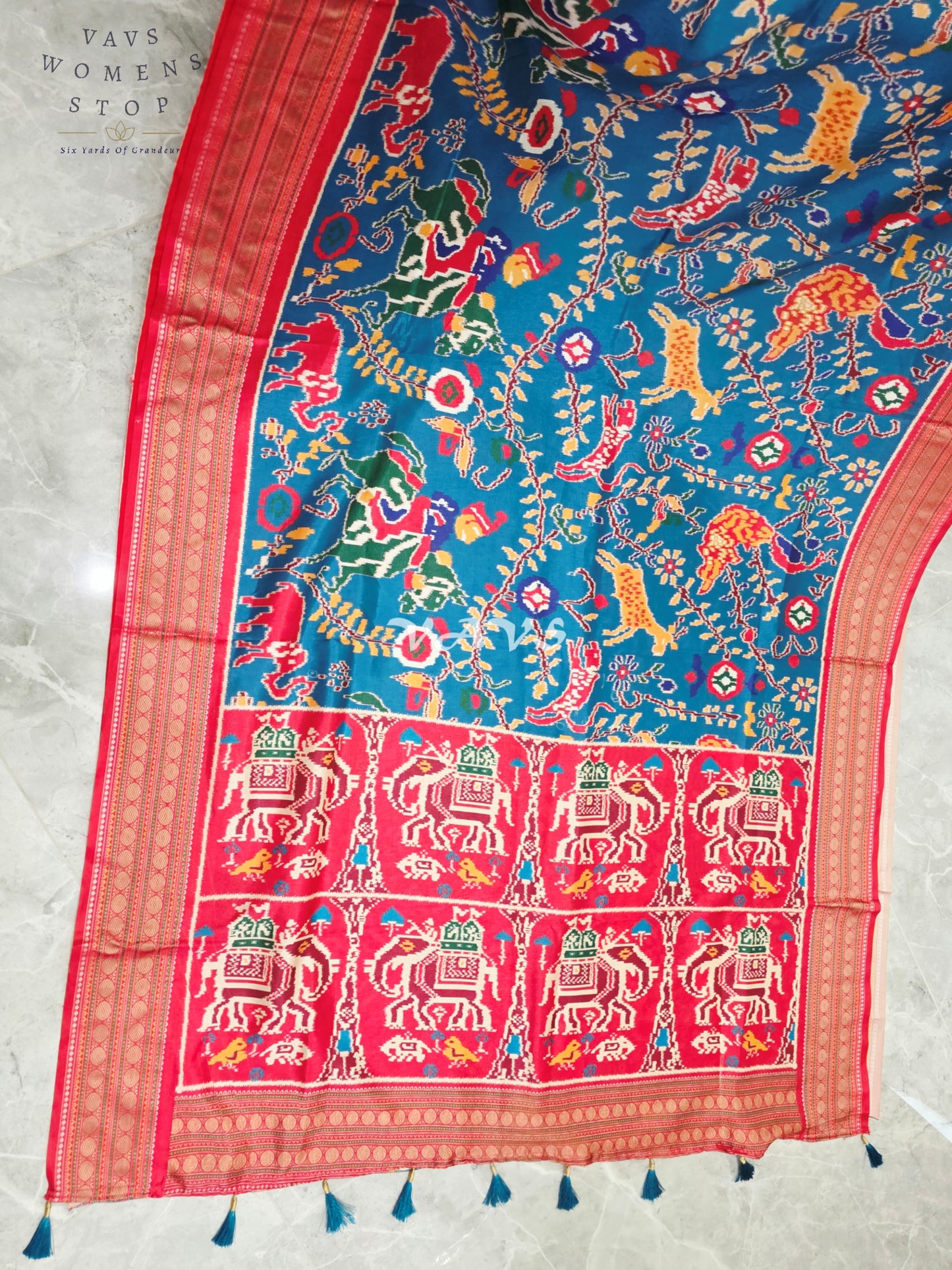 Royal Peacock Blue Patola Print Soft Silk Saree with Heritage Elephant Pallu & Ruby Red Stitched Blouse Size 36-42