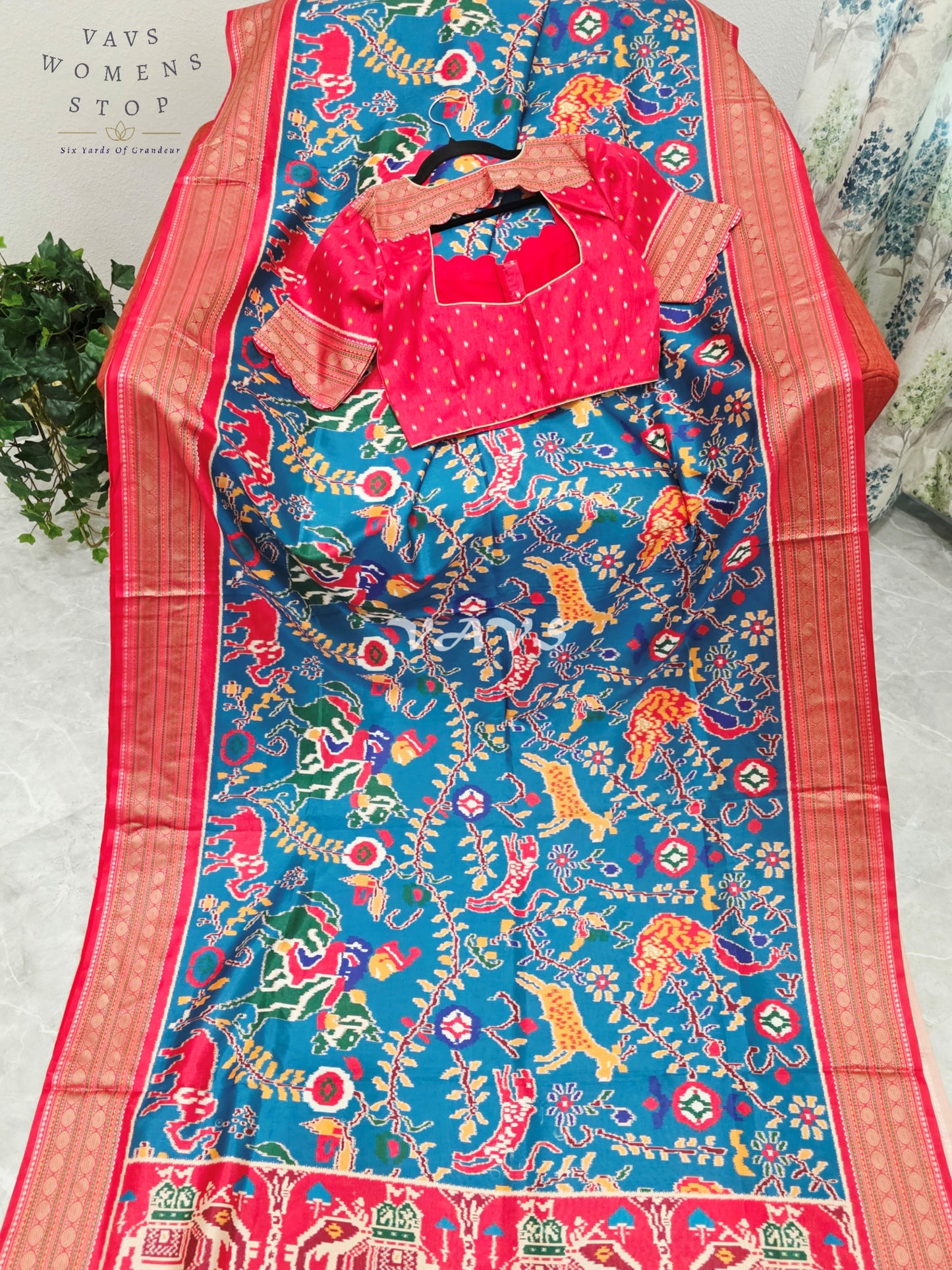 Royal Peacock Blue Patola Print Soft Silk Saree with Heritage Elephant Pallu & Ruby Red Stitched Blouse Size 36-42