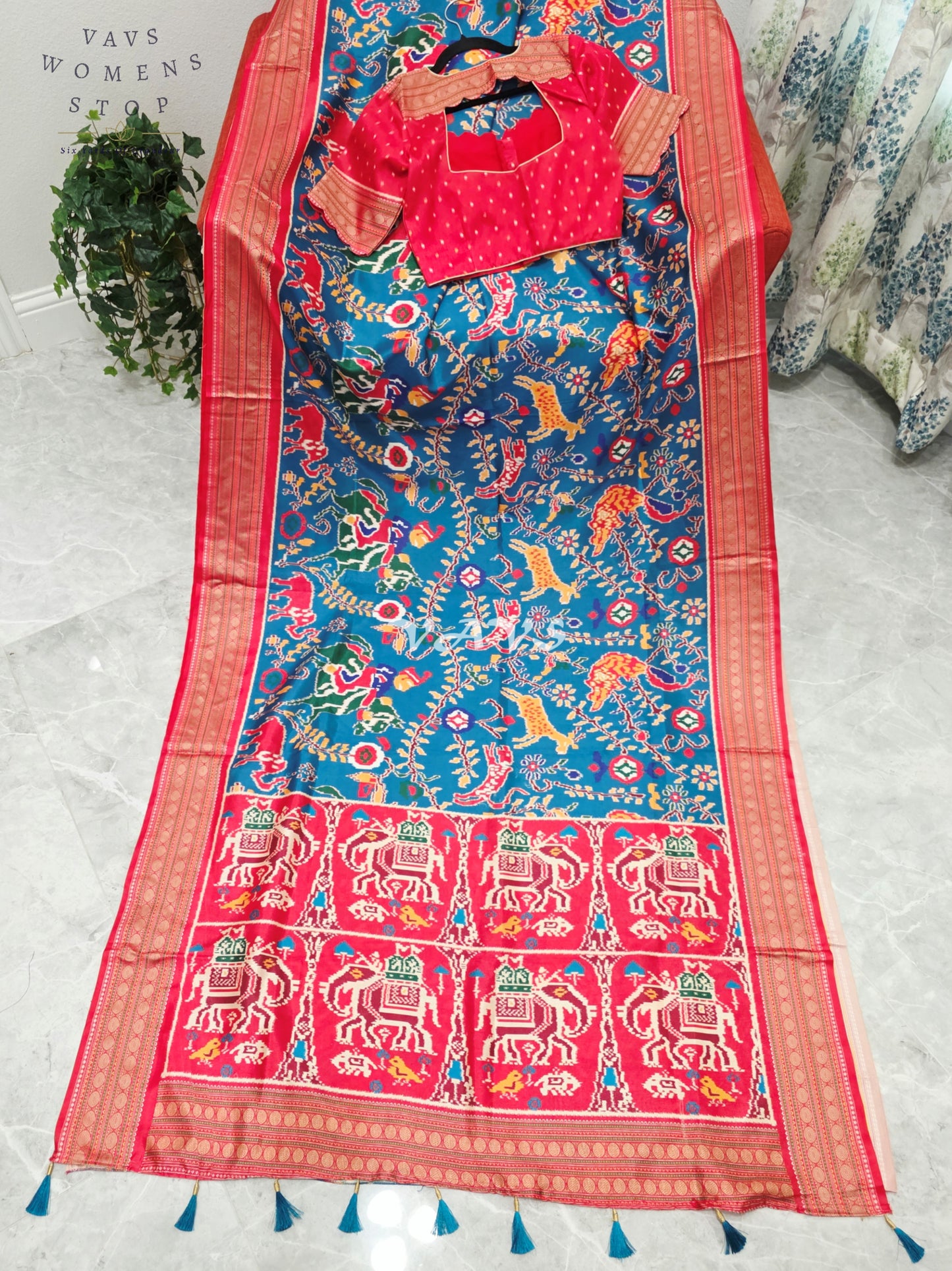 Royal Peacock Blue Patola Print Soft Silk Saree with Heritage Elephant Pallu & Ruby Red Stitched Blouse Size 36-42