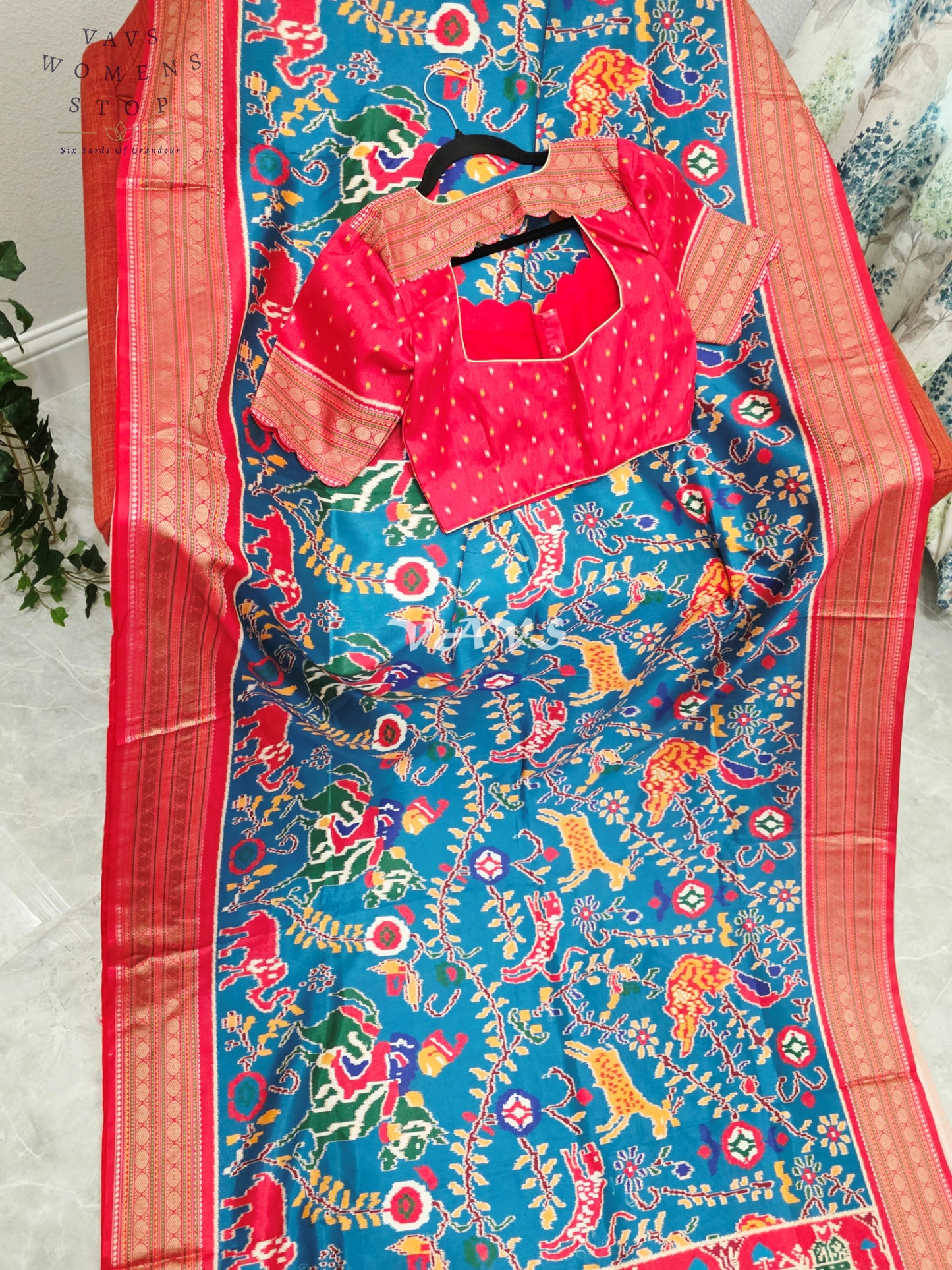 Royal Peacock Blue Patola Print Soft Silk Saree with Heritage Elephant Pallu & Ruby Red Stitched Blouse Size 36-42