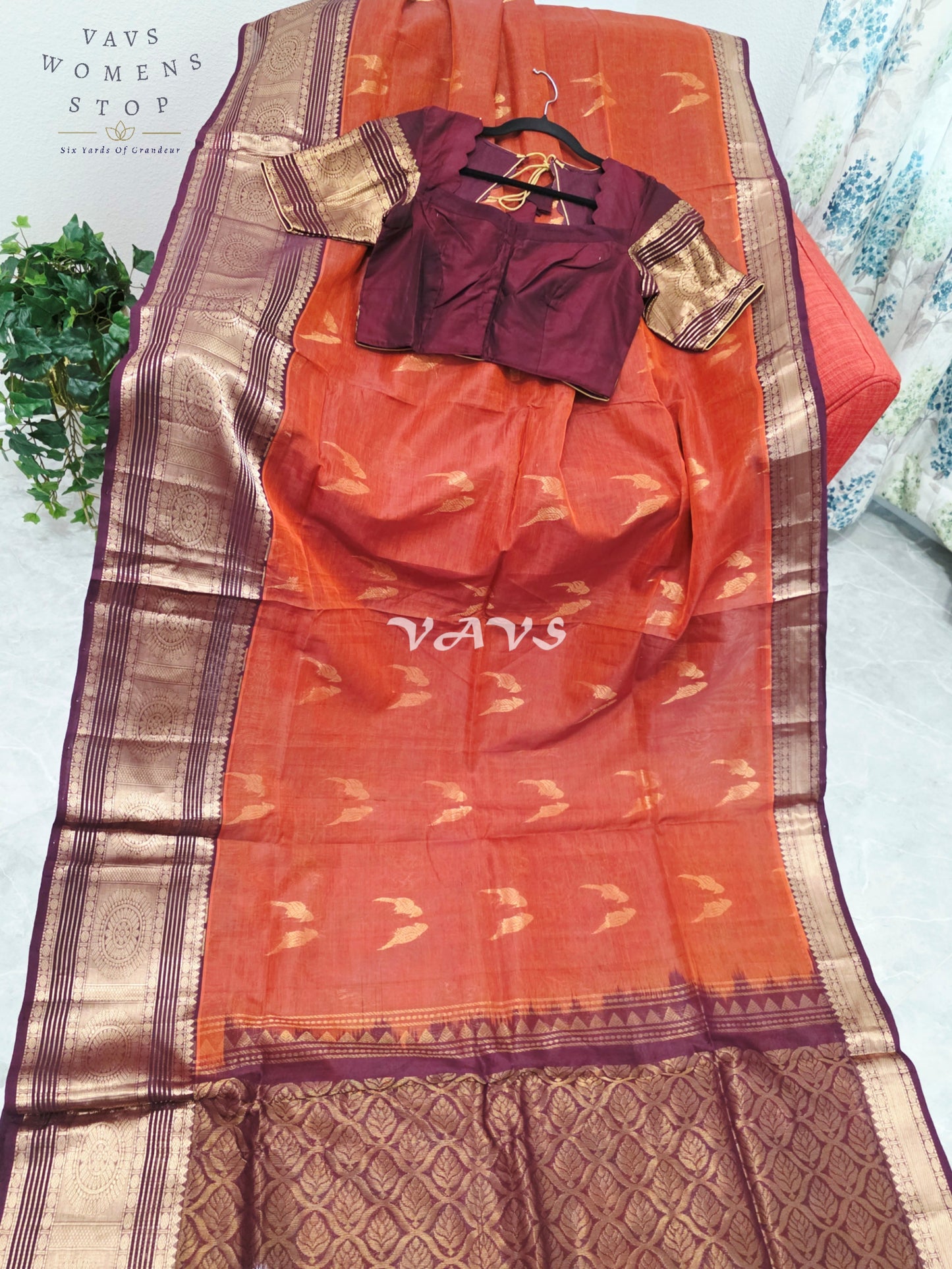 Royal Burnt Sienna & Merlot Wine Handloom Mangalagiri Pattu Silk Cotton Saree with Stitched Blouse