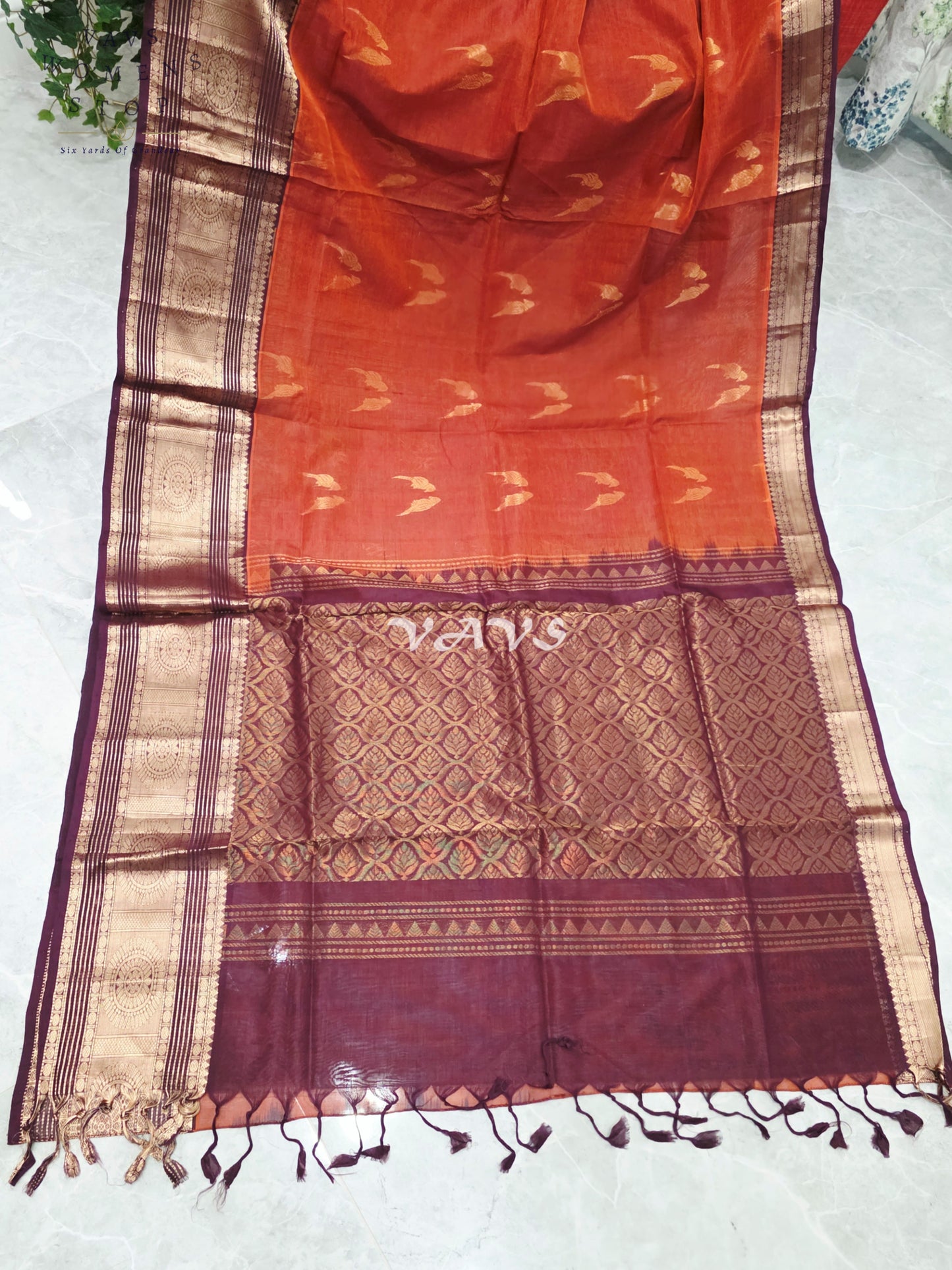 Royal Burnt Sienna & Merlot Wine Handloom Mangalagiri Pattu Silk Cotton Saree with Stitched Blouse
