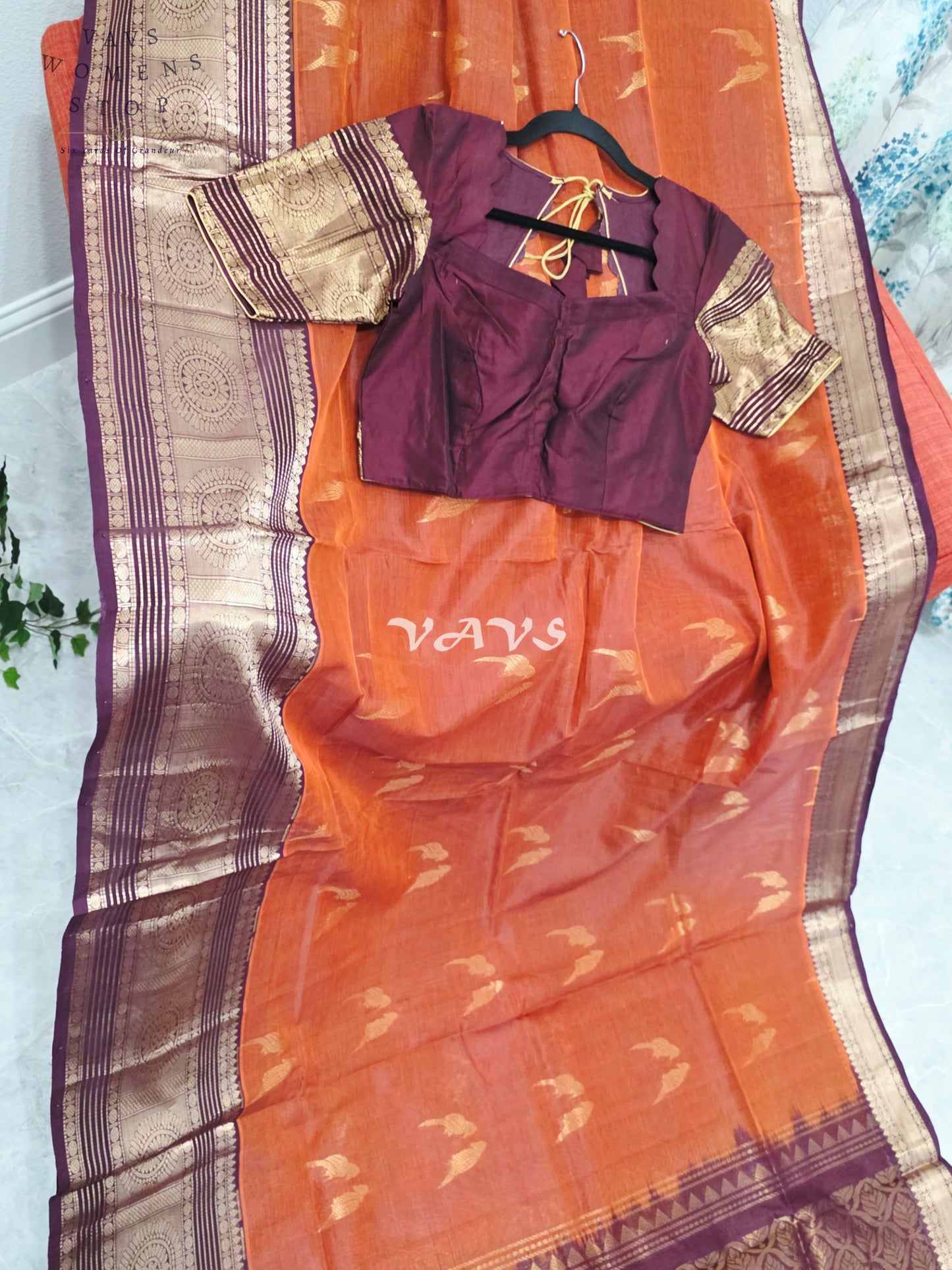 Royal Burnt Sienna & Merlot Wine Handloom Mangalagiri Pattu Silk Cotton Saree with Stitched Blouse
