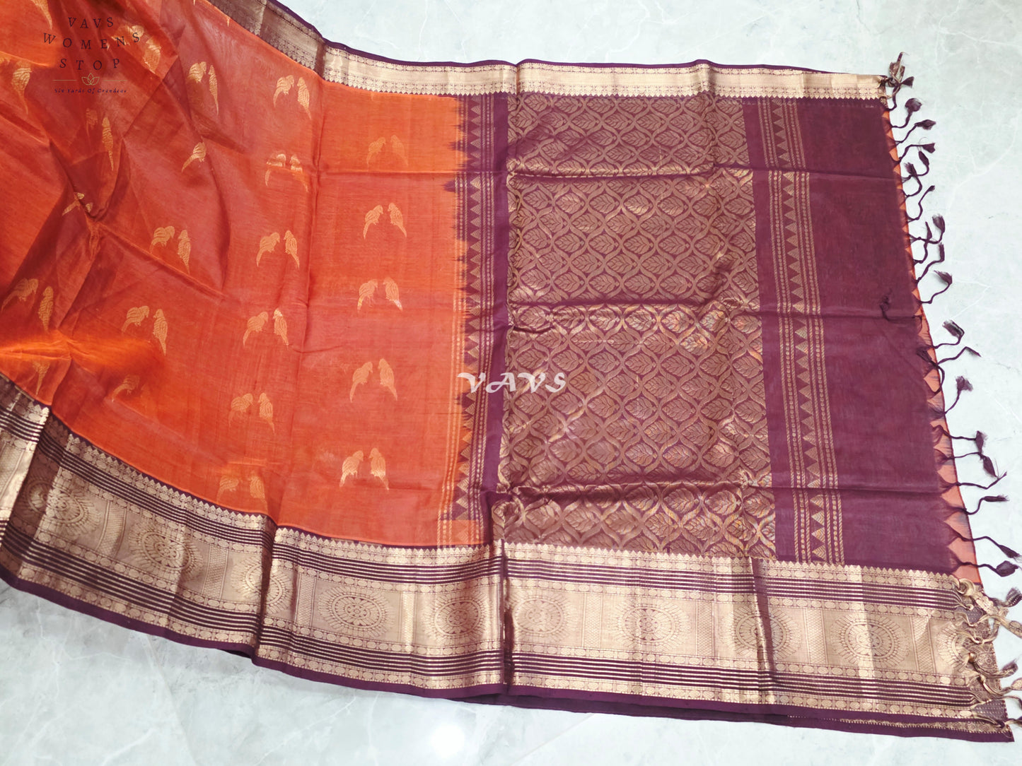 Royal Burnt Sienna & Merlot Wine Handloom Mangalagiri Pattu Silk Cotton Saree with Stitched Blouse
