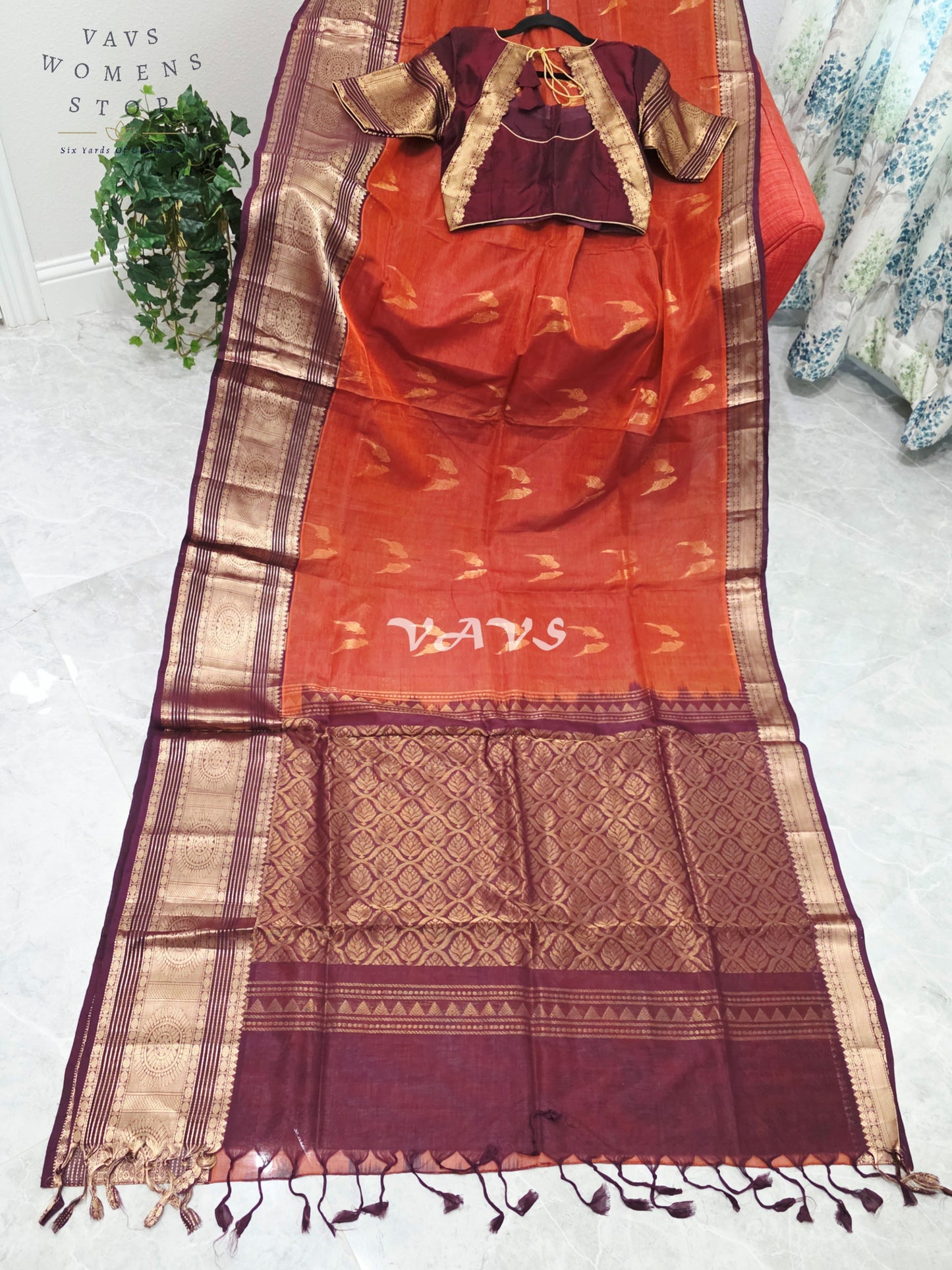 Royal Burnt Sienna & Merlot Wine Handloom Mangalagiri Pattu Silk Cotton Saree with Stitched Blouse