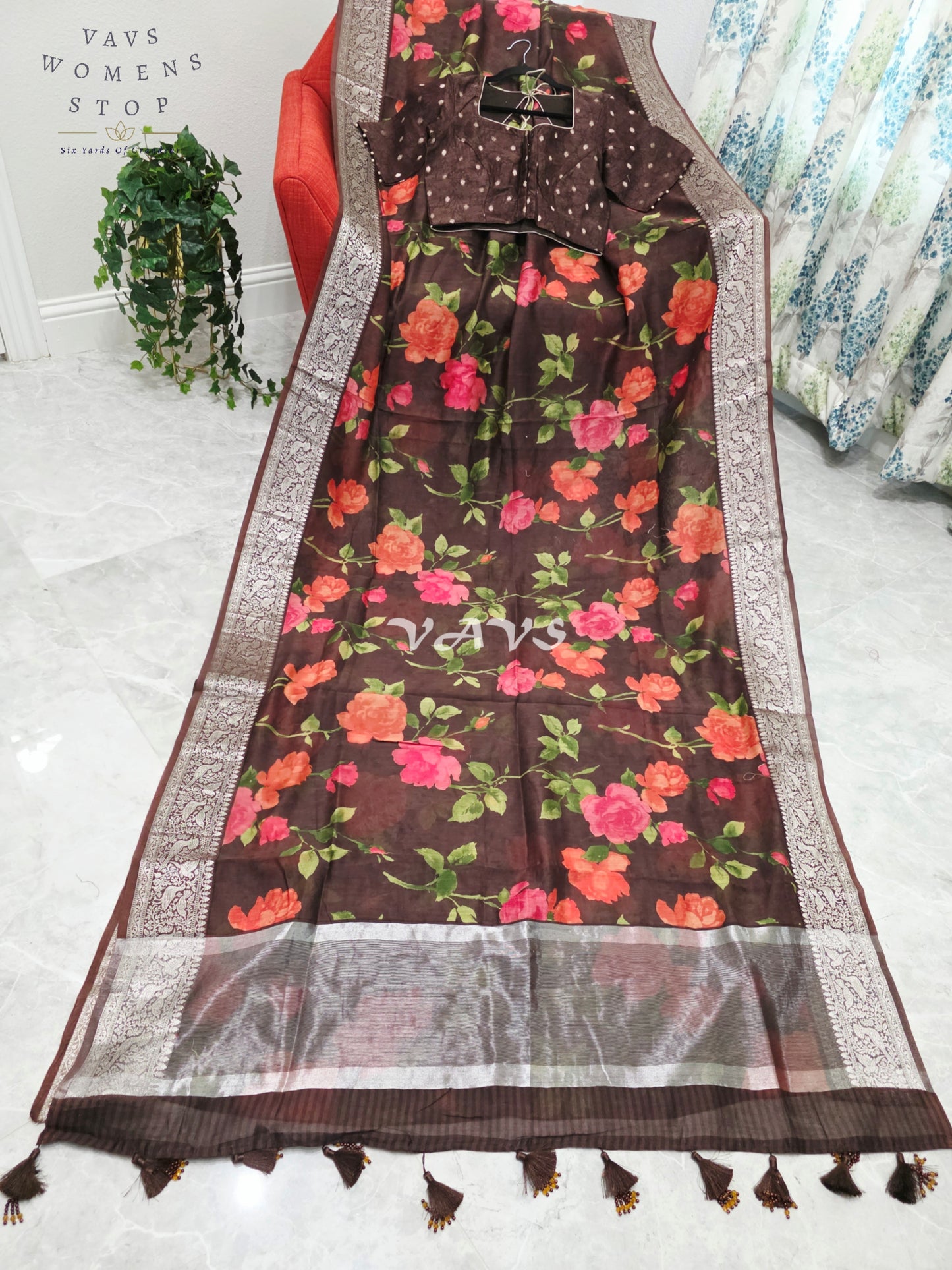 Espresso Brown & Rose Floral Chanderi Linen Cotton Style Saree with Stitched Blouse Size 36-42