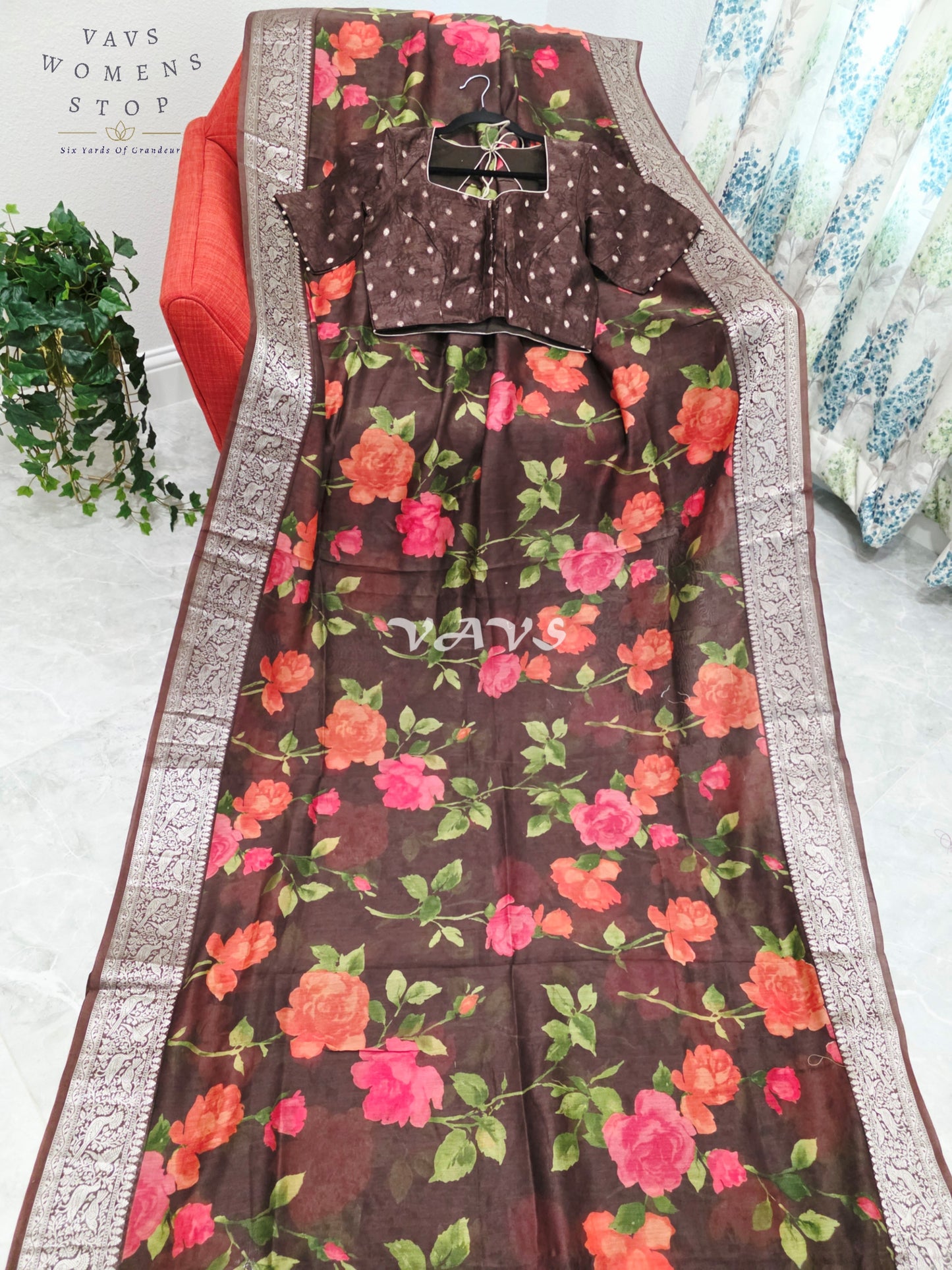 Espresso Brown & Rose Floral Chanderi Linen Cotton Style Saree with Stitched Blouse Size 36-42