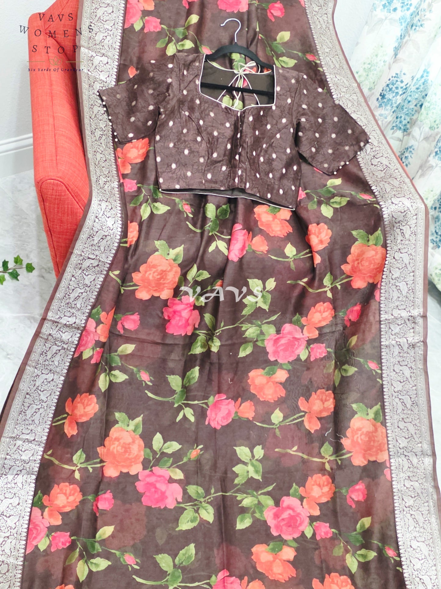 Espresso Brown & Rose Floral Chanderi Linen Cotton Style Saree with Stitched Blouse Size 36-42