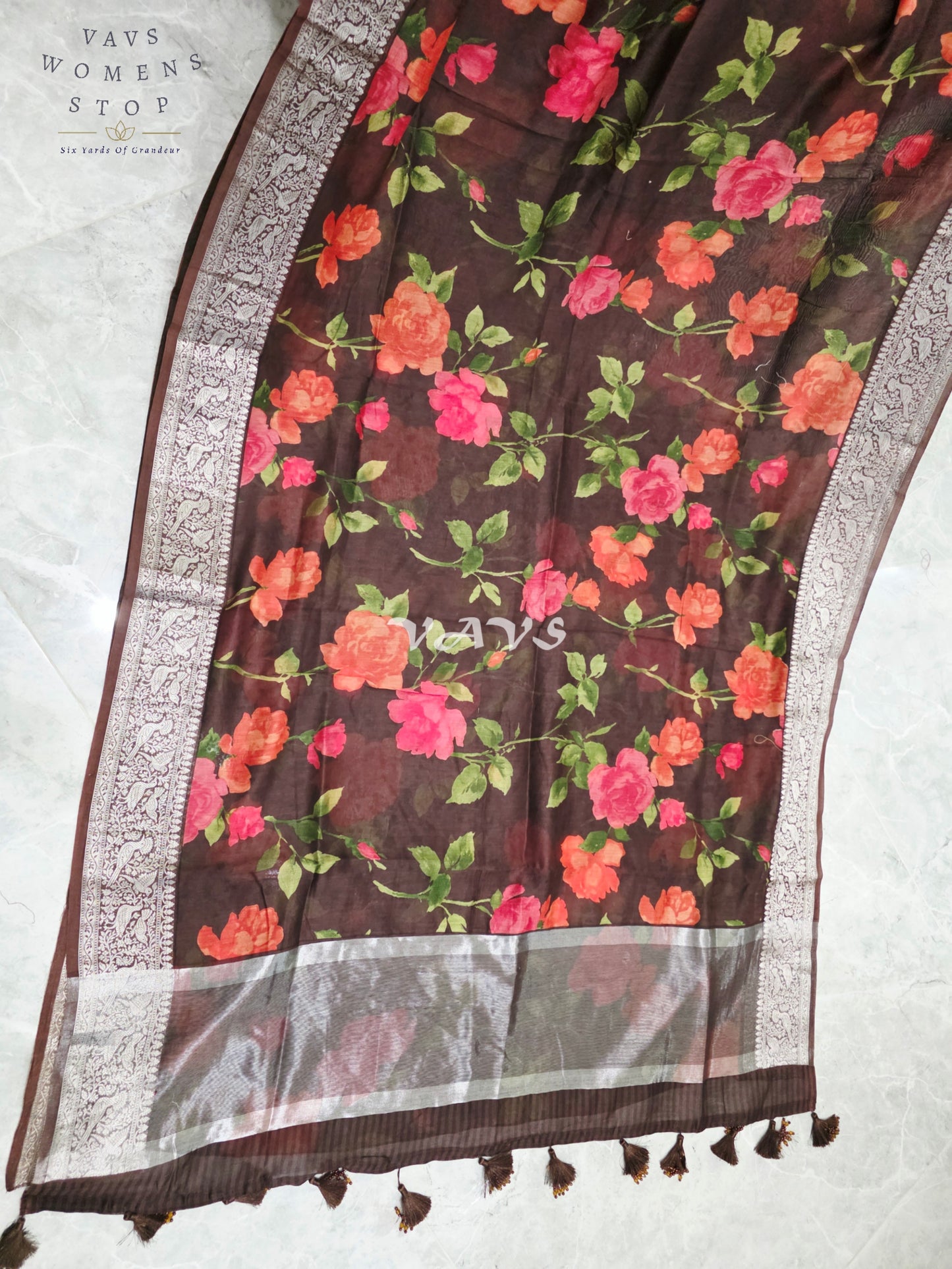Espresso Brown & Rose Floral Chanderi Linen Cotton Style Saree with Stitched Blouse Size 36-42