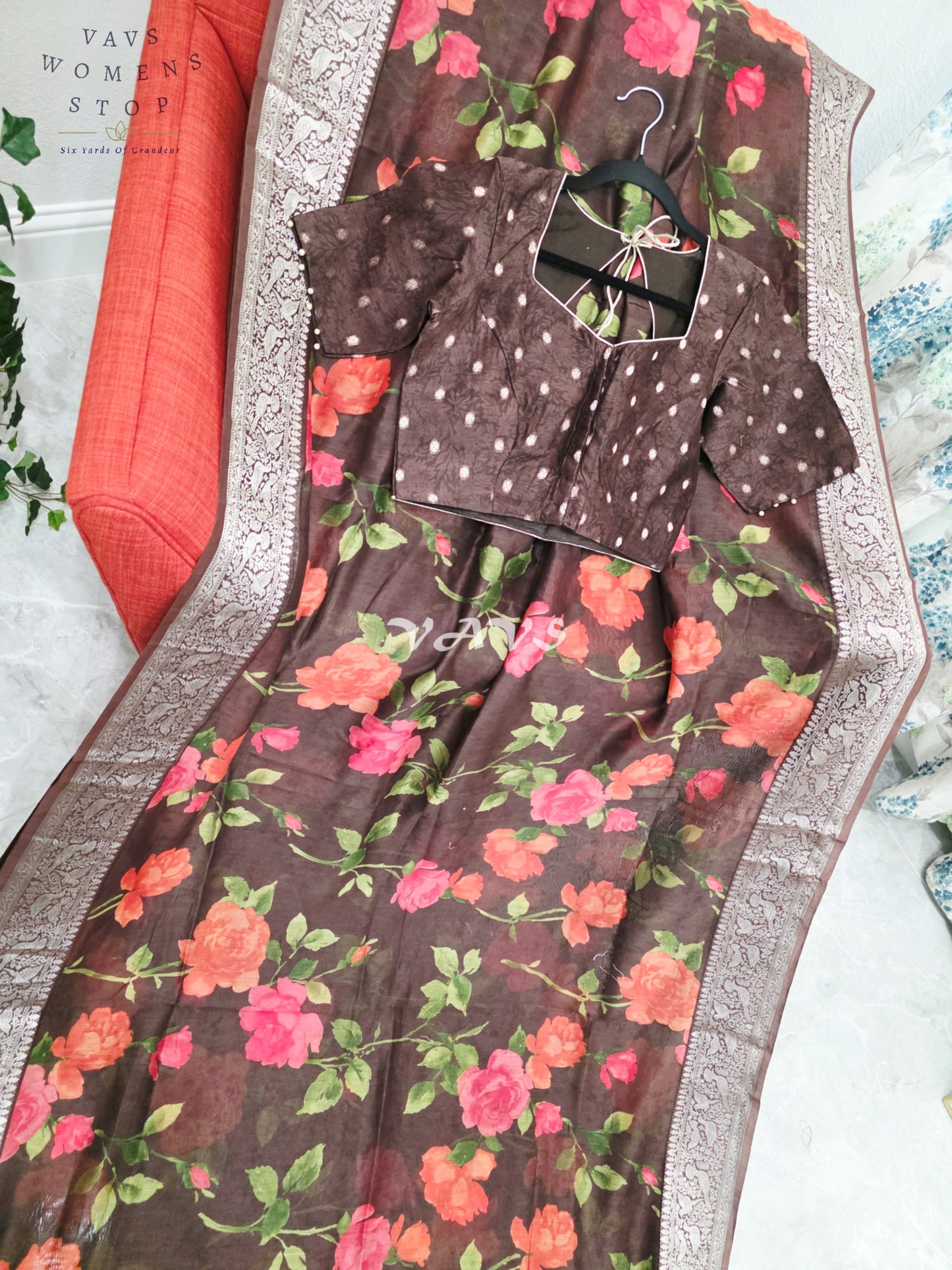 Espresso Brown & Rose Floral Chanderi Linen Cotton Style Saree with Stitched Blouse Size 36-42