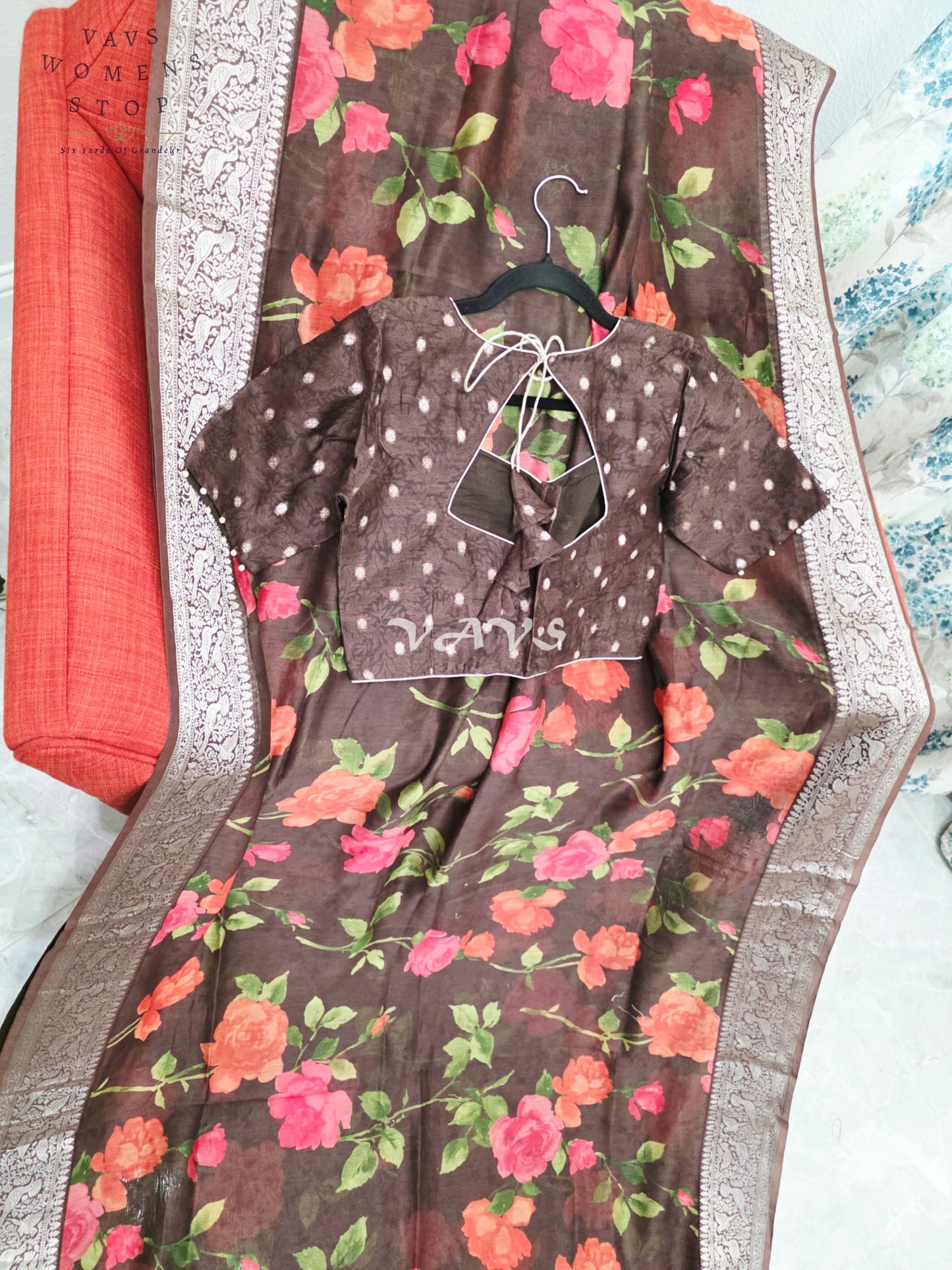 Espresso Brown & Rose Floral Chanderi Linen Cotton Style Saree with Stitched Blouse Size 36-42