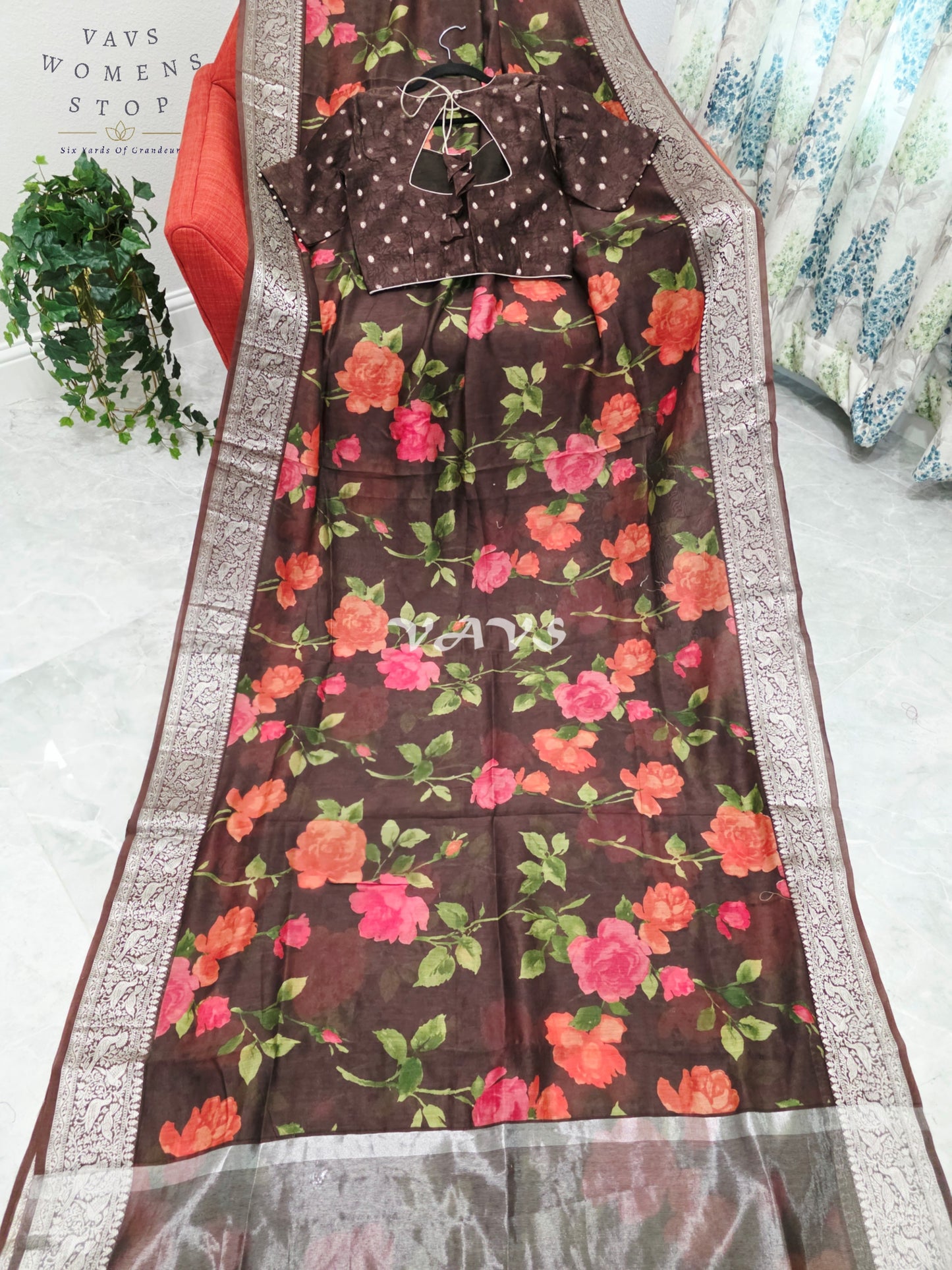 Espresso Brown & Rose Floral Chanderi Linen Cotton Style Saree with Stitched Blouse Size 36-42