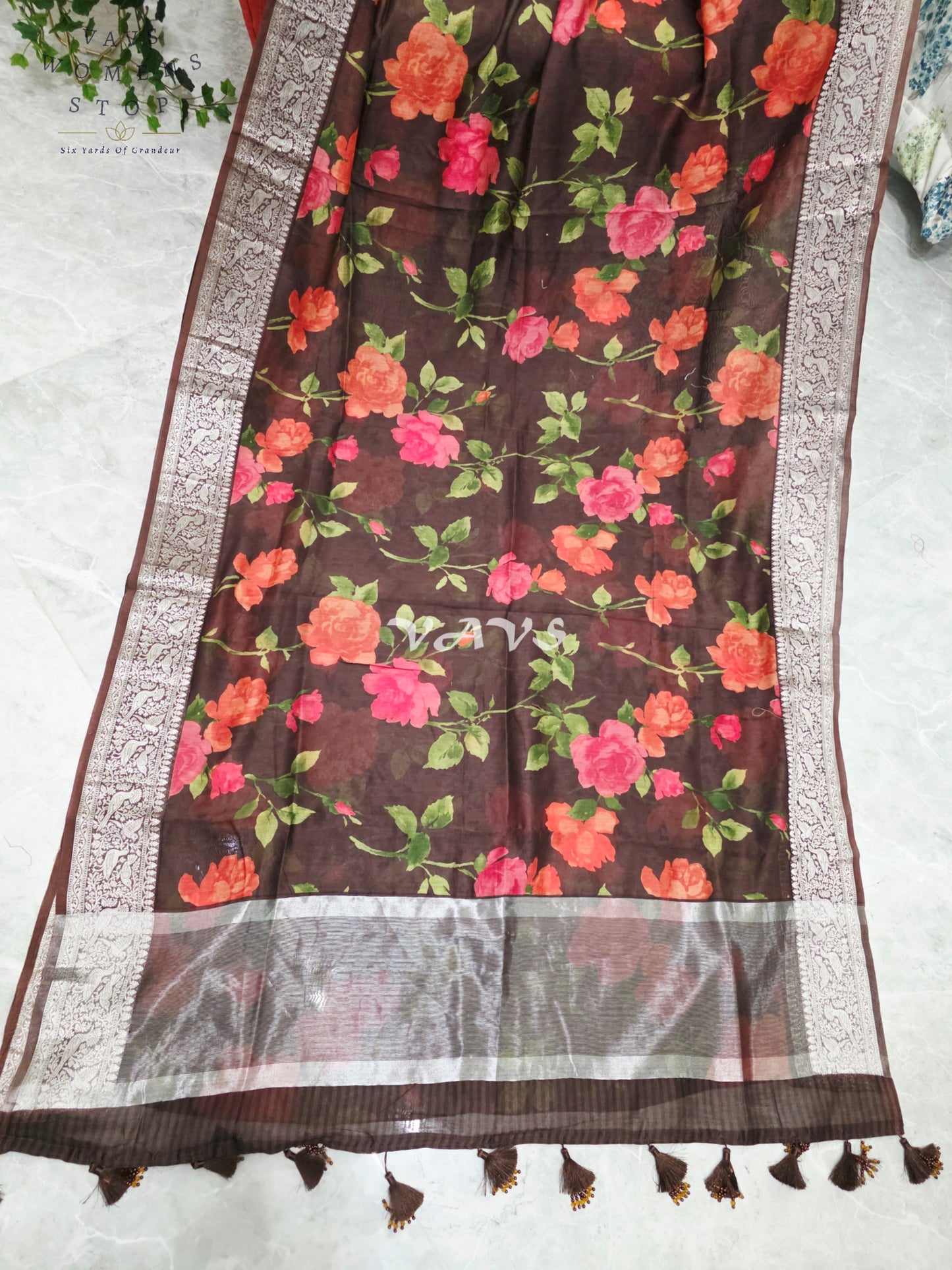 Espresso Brown & Rose Floral Chanderi Linen Cotton Style Saree with Stitched Blouse Size 36-42