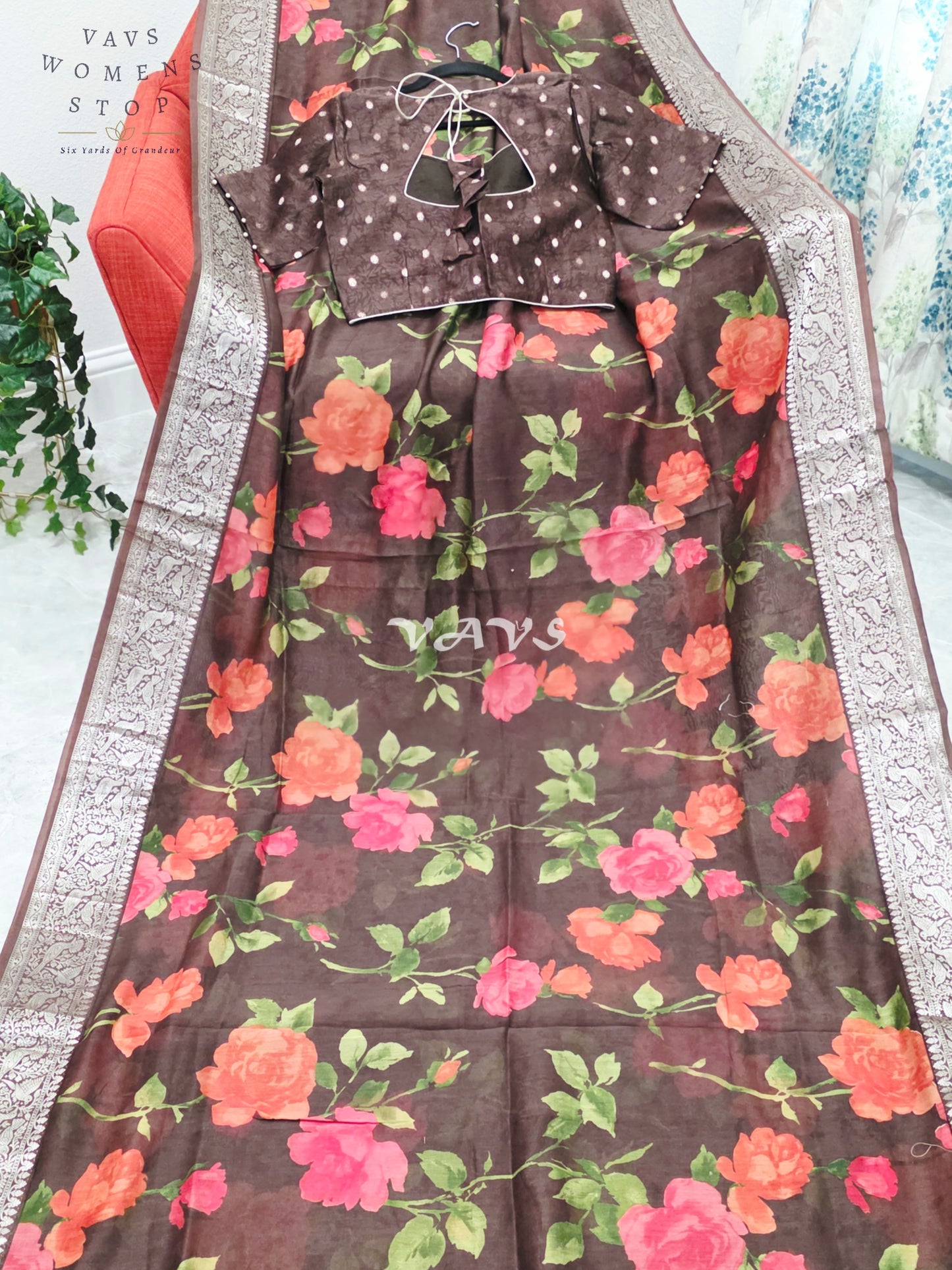 Espresso Brown & Rose Floral Chanderi Linen Cotton Style Saree with Stitched Blouse Size 36-42