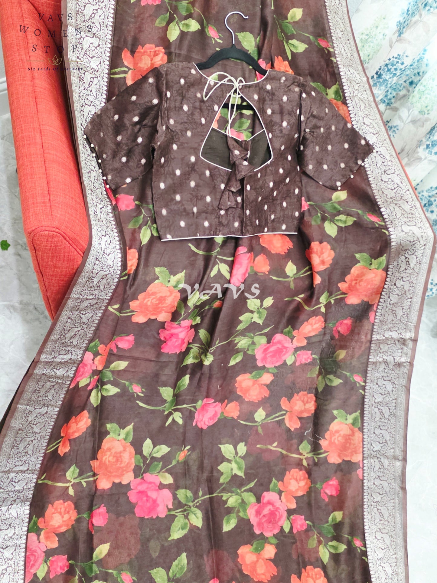 Espresso Brown & Rose Floral Chanderi Linen Cotton Style Saree with Stitched Blouse Size 36-42