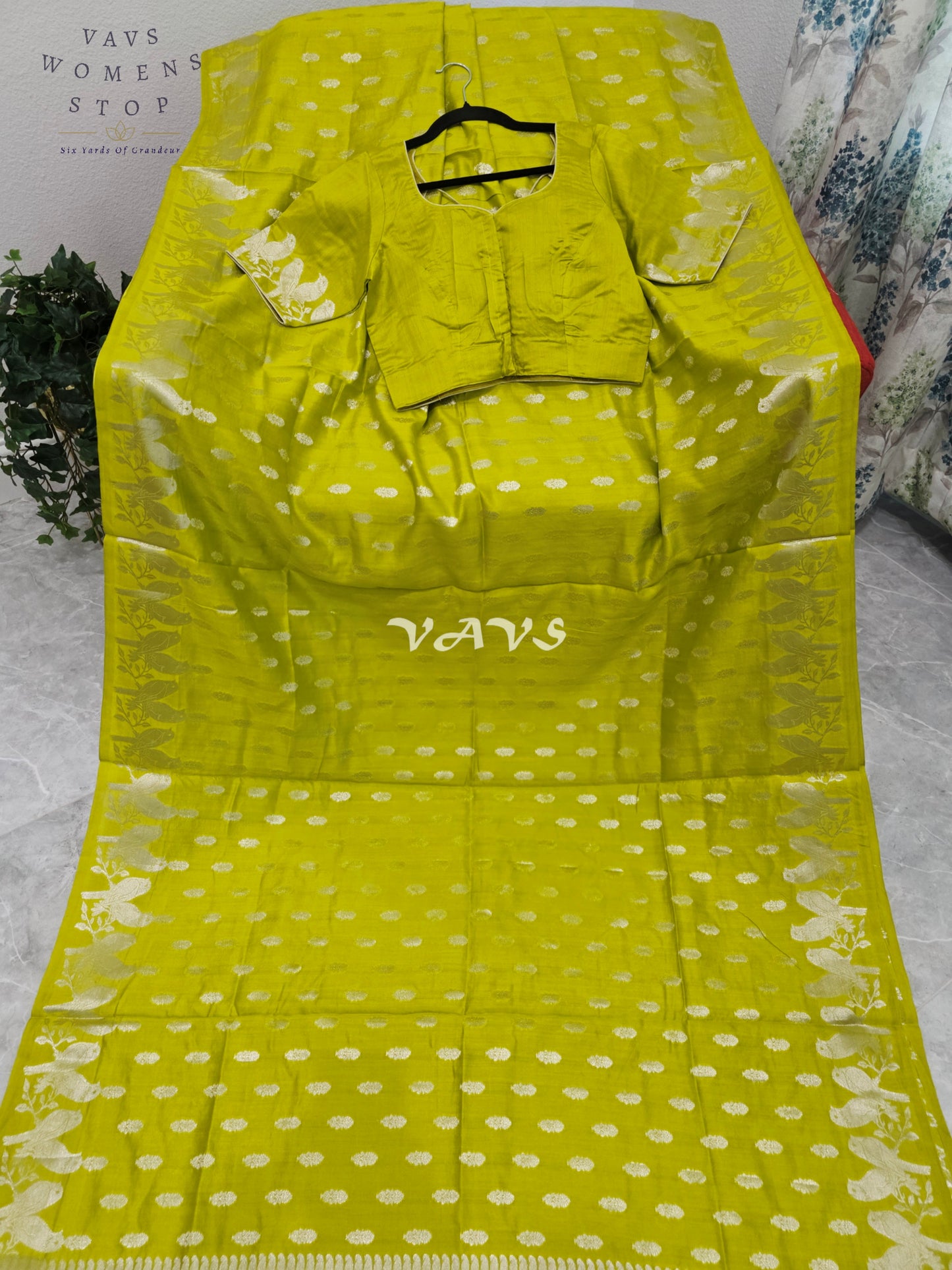 Luminous Parrot Lime Pure Kora Chiniya Pattu Silk Saree with Parrot Creeper Border & Stitched Blouse Size 36-42