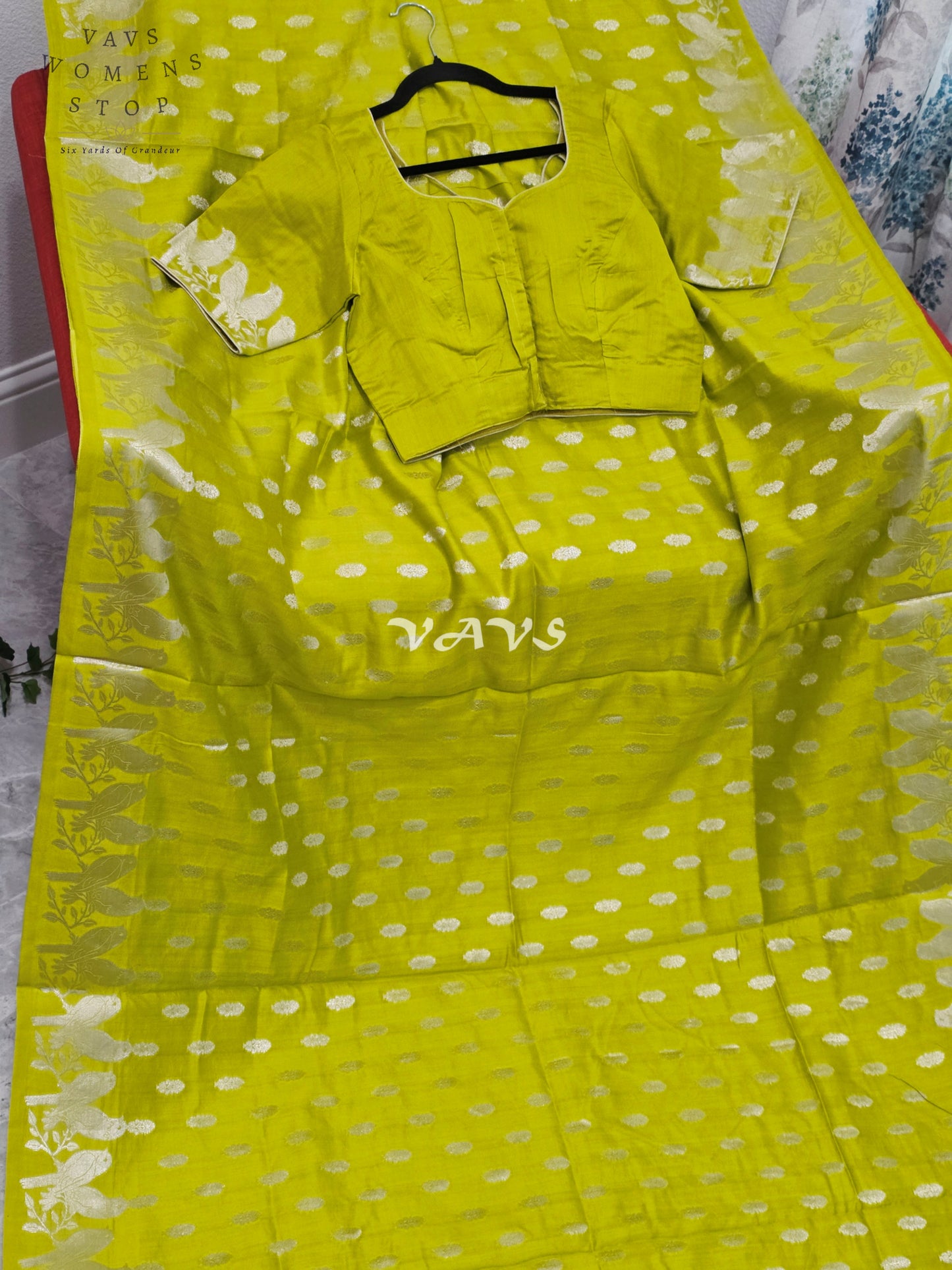 Luminous Parrot Lime Pure Kora Chiniya Pattu Silk Saree with Parrot Creeper Border & Stitched Blouse Size 36-42