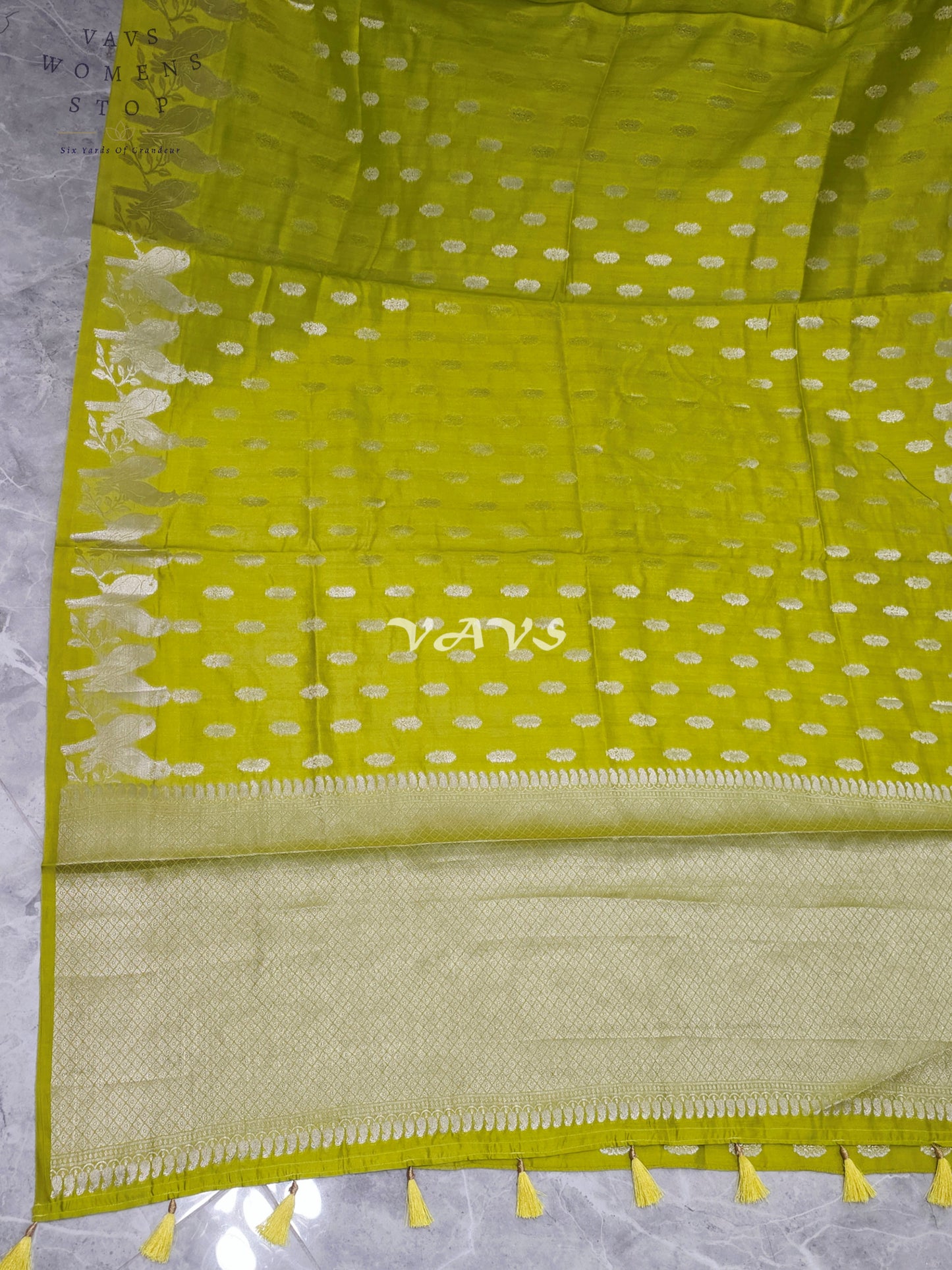 Luminous Parrot Lime Pure Kora Chiniya Pattu Silk Saree with Parrot Creeper Border & Stitched Blouse Size 36-42