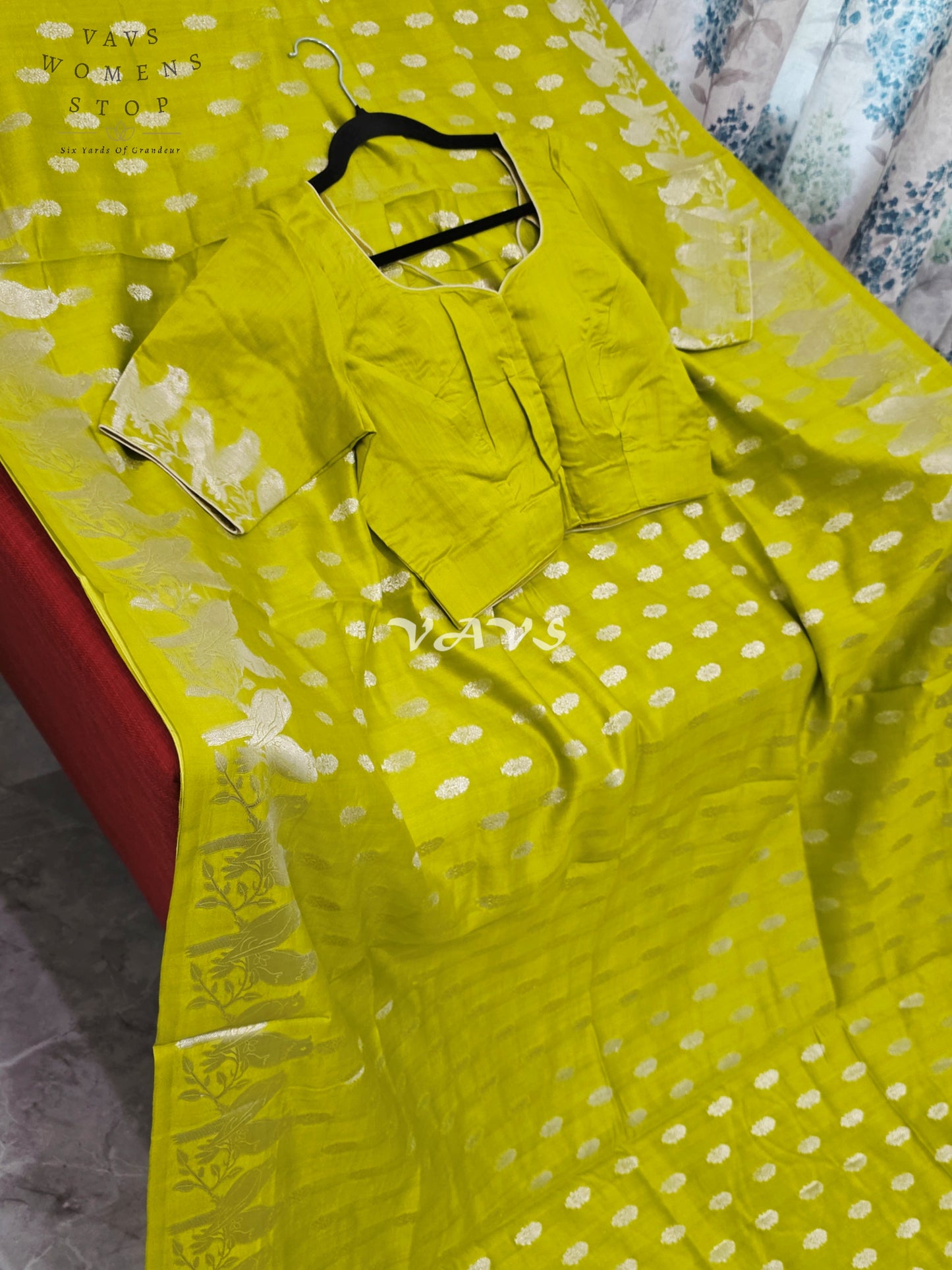Luminous Parrot Lime Pure Kora Chiniya Pattu Silk Saree with Parrot Creeper Border & Stitched Blouse Size 36-42