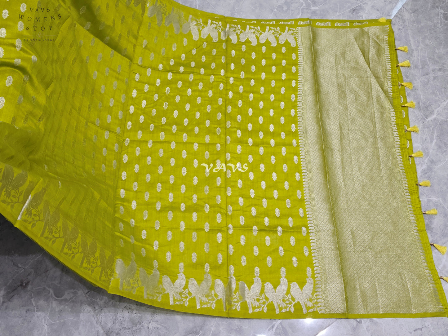 Luminous Parrot Lime Pure Kora Chiniya Pattu Silk Saree with Parrot Creeper Border & Stitched Blouse Size 36-42