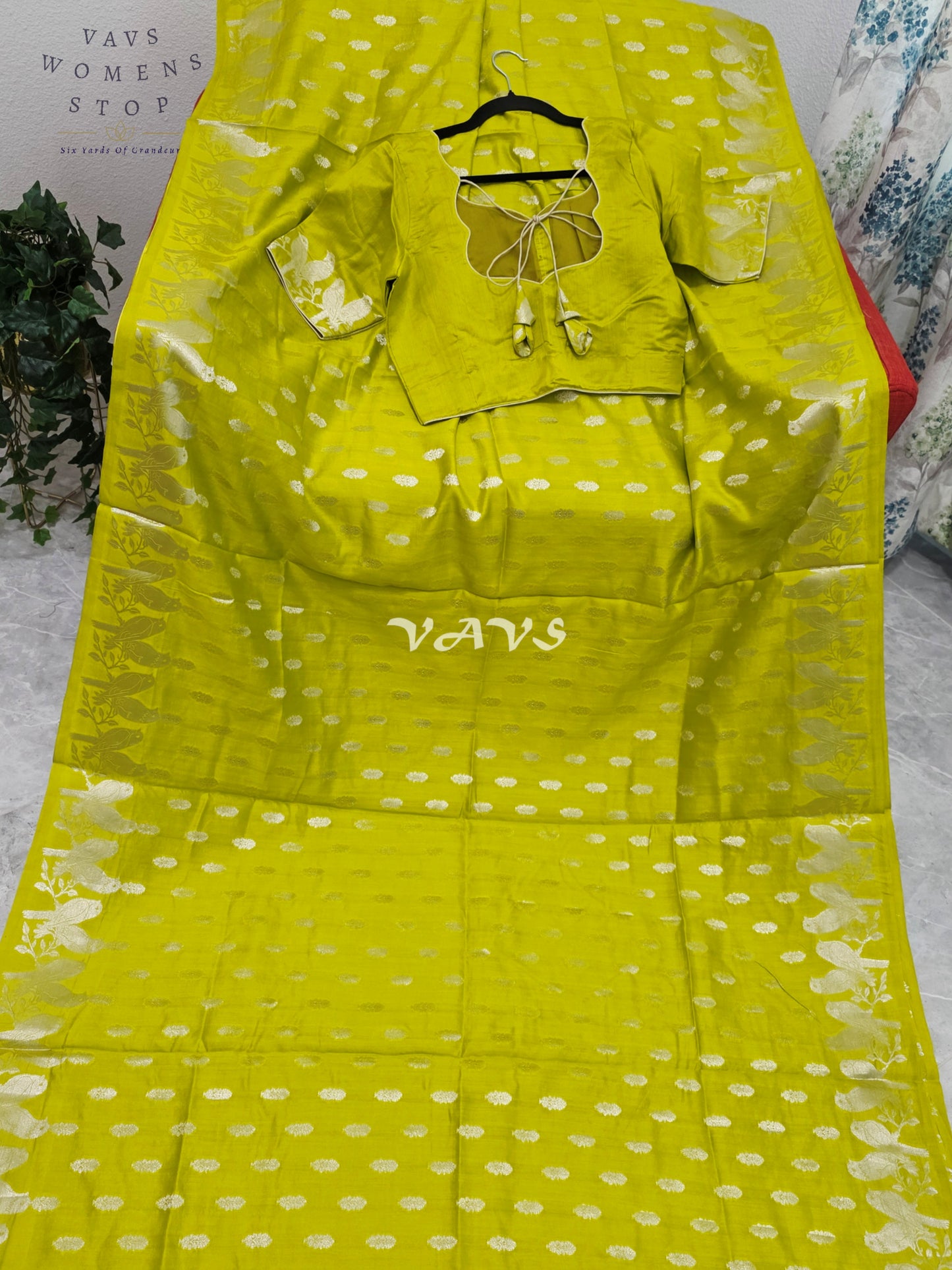 Luminous Parrot Lime Pure Kora Chiniya Pattu Silk Saree with Parrot Creeper Border & Stitched Blouse Size 36-42