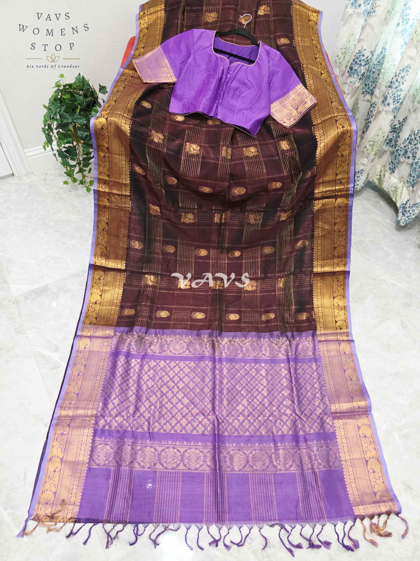 Royal Mahogany Wine & Lavender Kollam Pattu Handloom Silk Cotton Saree with Stitched Blouse