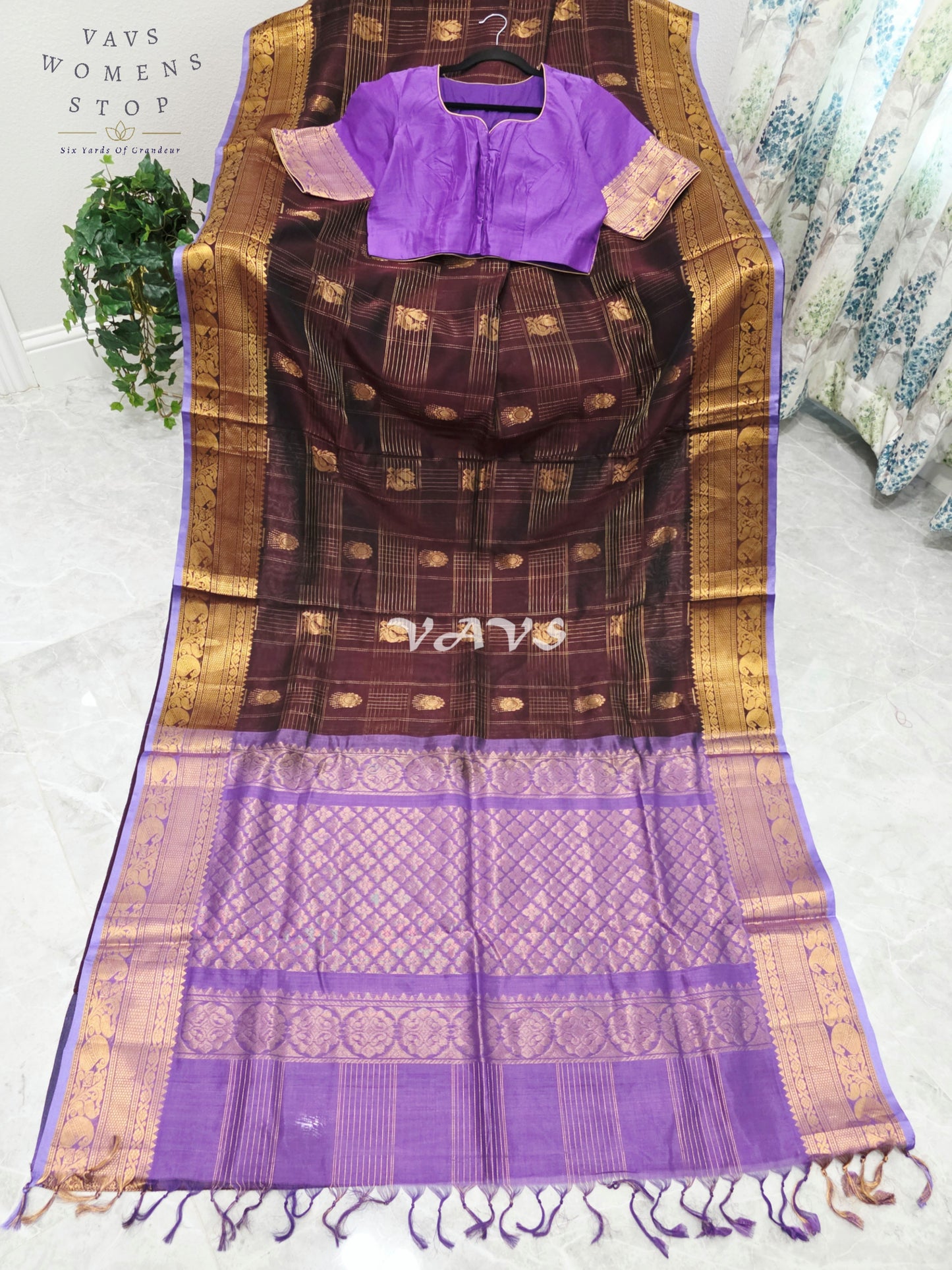 Royal Mahogany Wine & Lavender Kollam Pattu Handloom Silk Cotton Saree with Stitched Blouse
