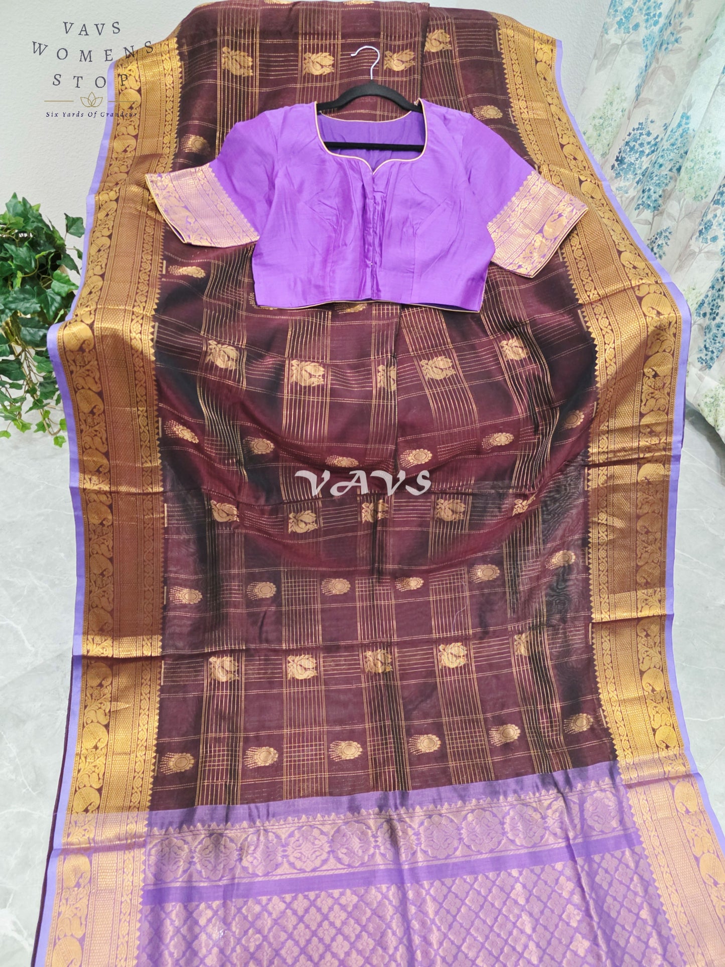 Royal Mahogany Wine & Lavender Kollam Pattu Handloom Silk Cotton Saree with Stitched Blouse