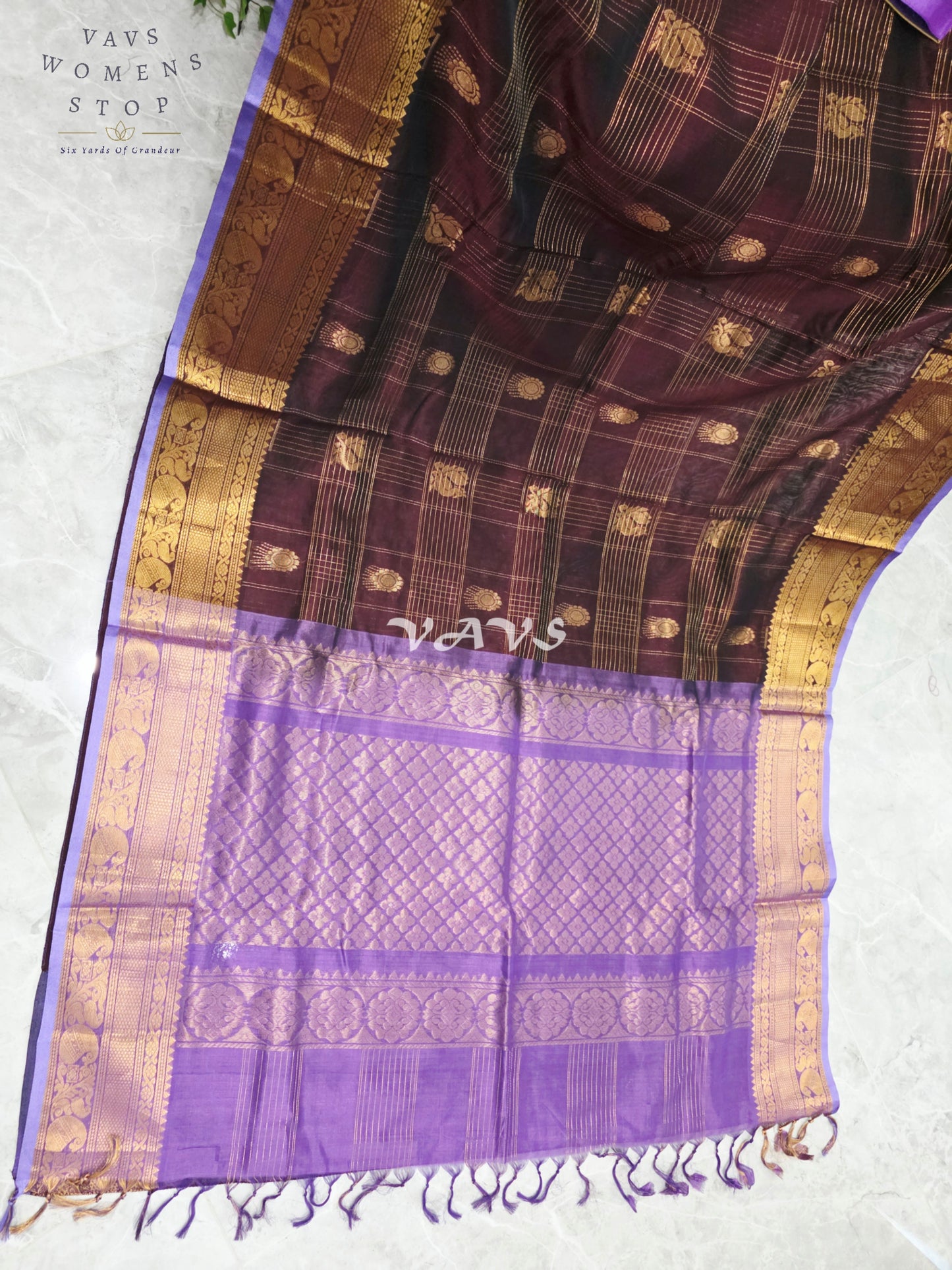 Royal Mahogany Wine & Lavender Kollam Pattu Handloom Silk Cotton Saree with Stitched Blouse