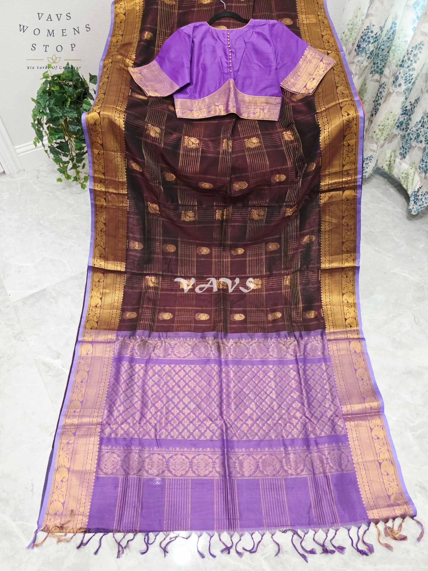 Royal Mahogany Wine & Lavender Kollam Pattu Handloom Silk Cotton Saree with Stitched Blouse