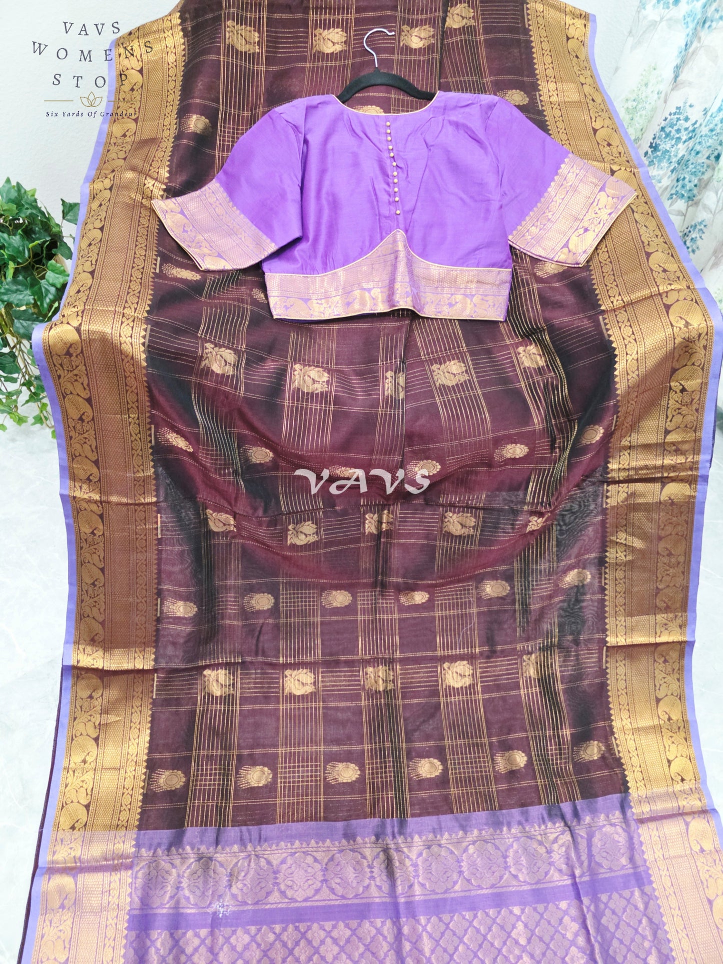 Royal Mahogany Wine & Lavender Kollam Pattu Handloom Silk Cotton Saree with Stitched Blouse