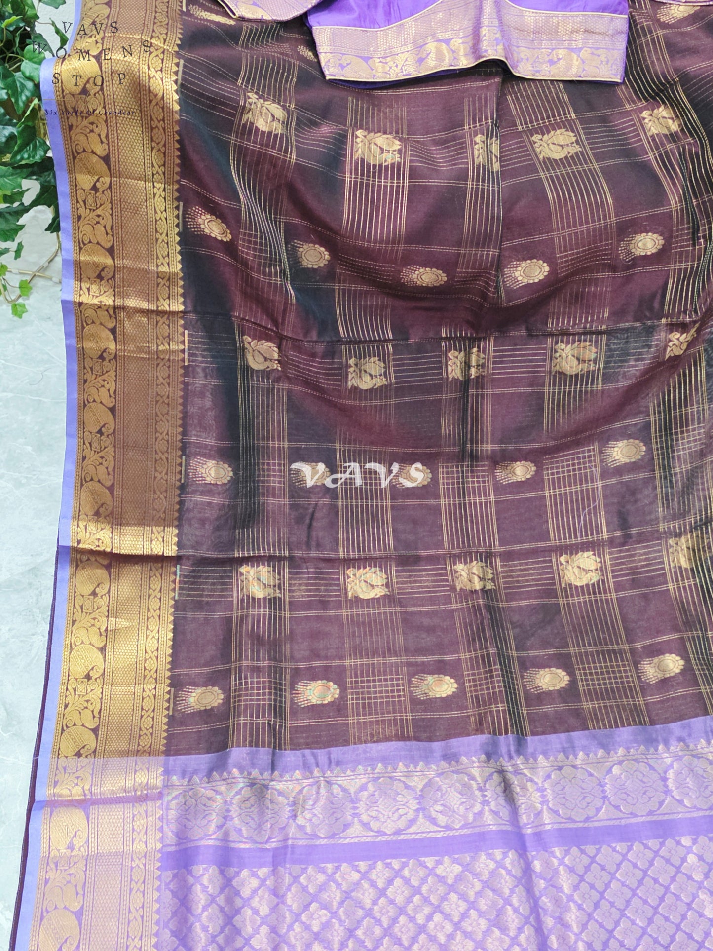 Royal Mahogany Wine & Lavender Kollam Pattu Handloom Silk Cotton Saree with Stitched Blouse