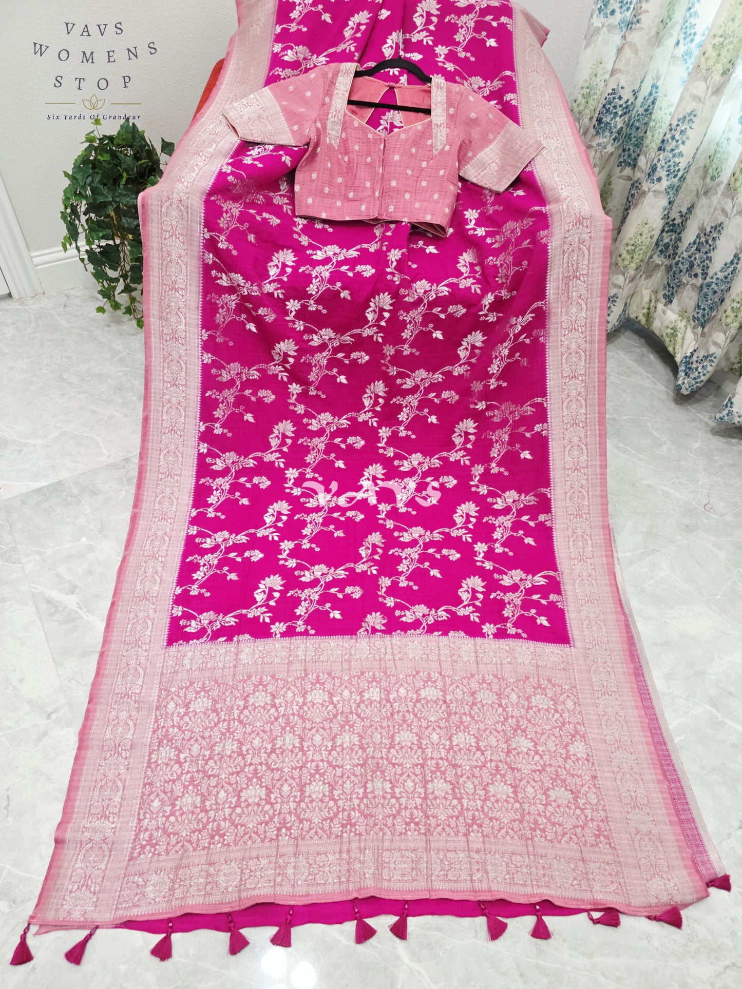 Royal Fuchsia Pink Semi Tussar Georgette Meenakari Designer Saree with Stitched Blouse Size 38-44