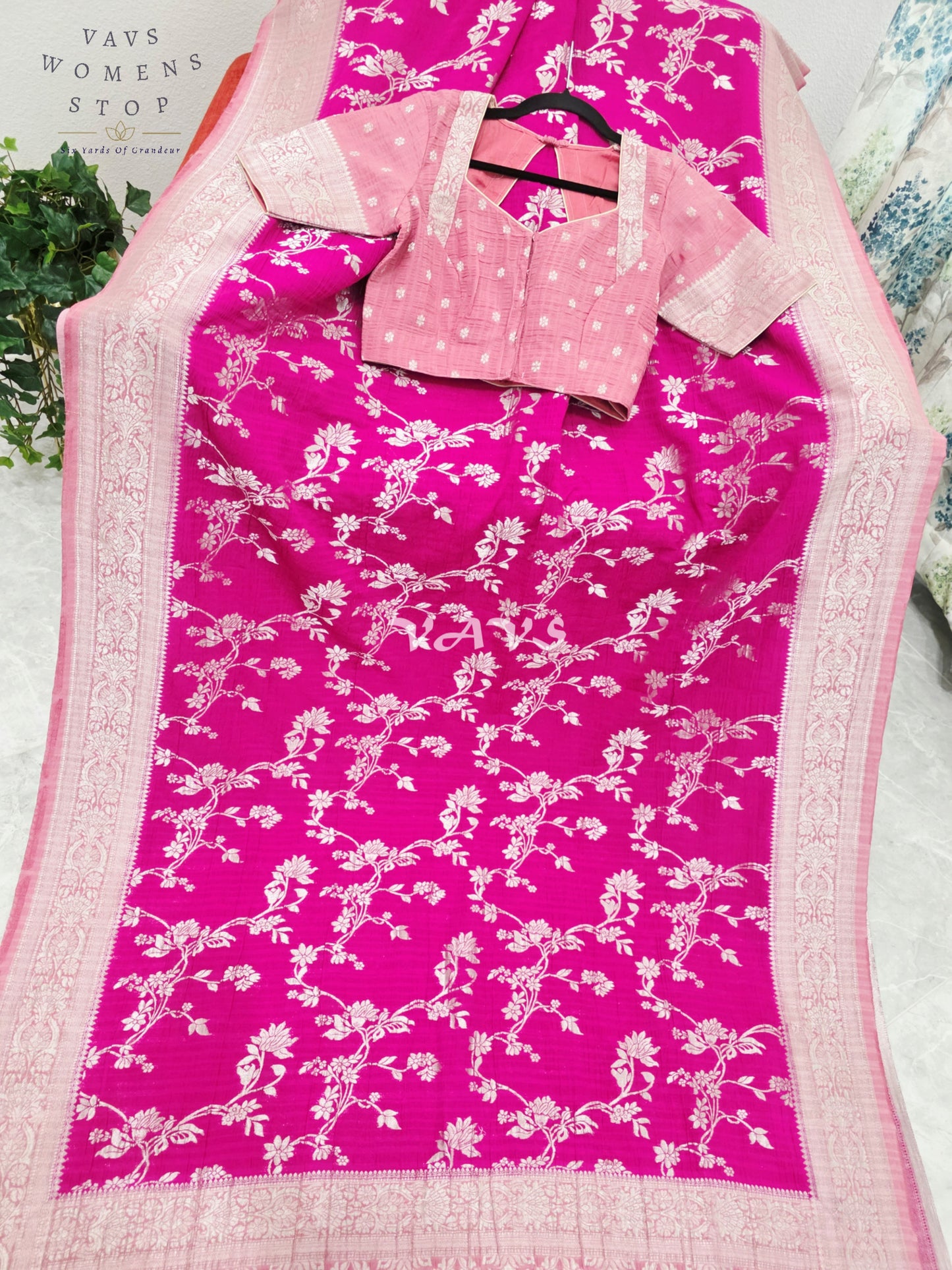 Royal Fuchsia Pink Semi Tussar Georgette Meenakari Designer Saree with Stitched Blouse Size 38-44