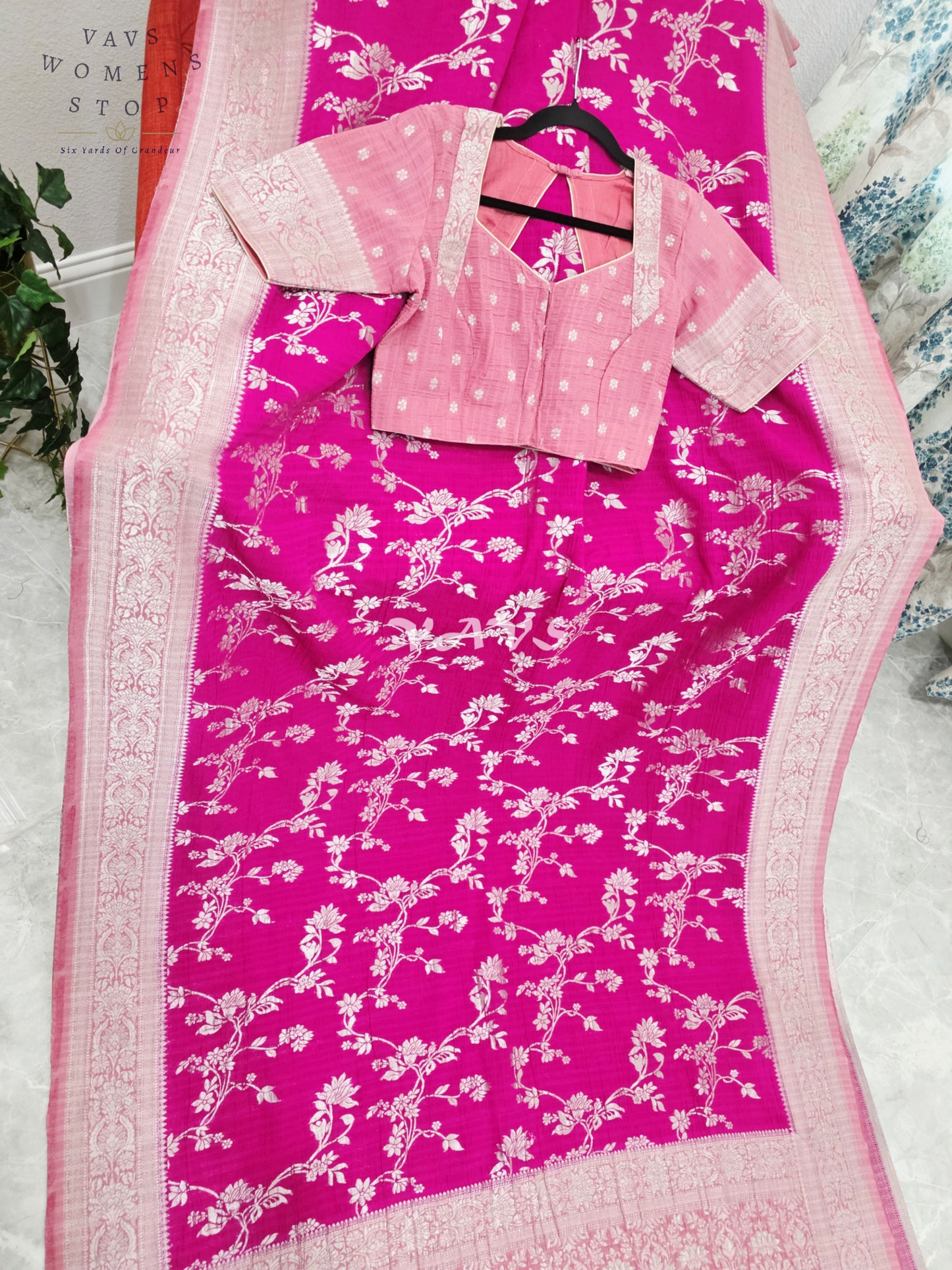 Royal Fuchsia Pink Semi Tussar Georgette Meenakari Designer Saree with Stitched Blouse Size 38-44