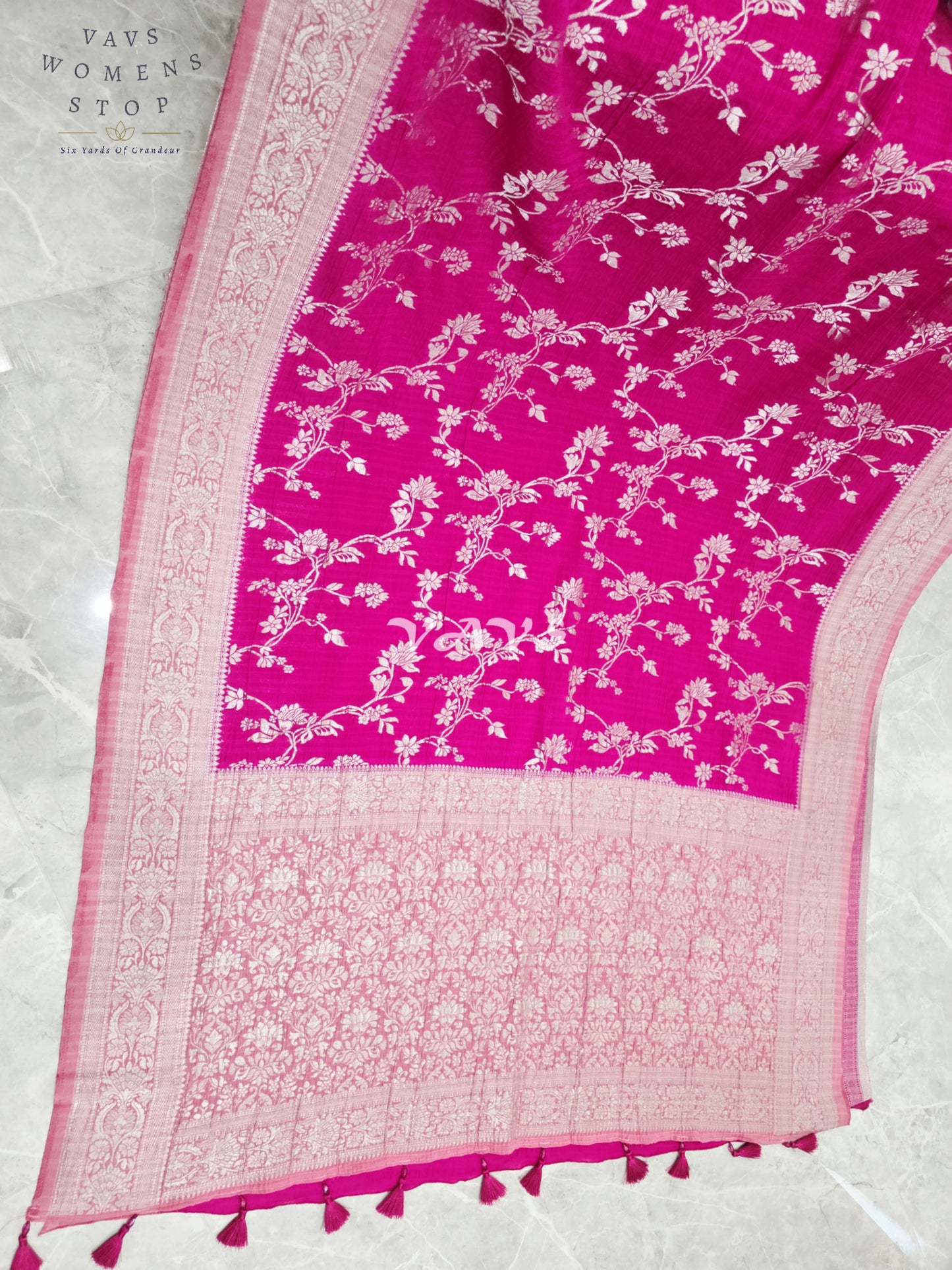 Royal Fuchsia Pink Semi Tussar Georgette Meenakari Designer Saree with Stitched Blouse Size 38-44