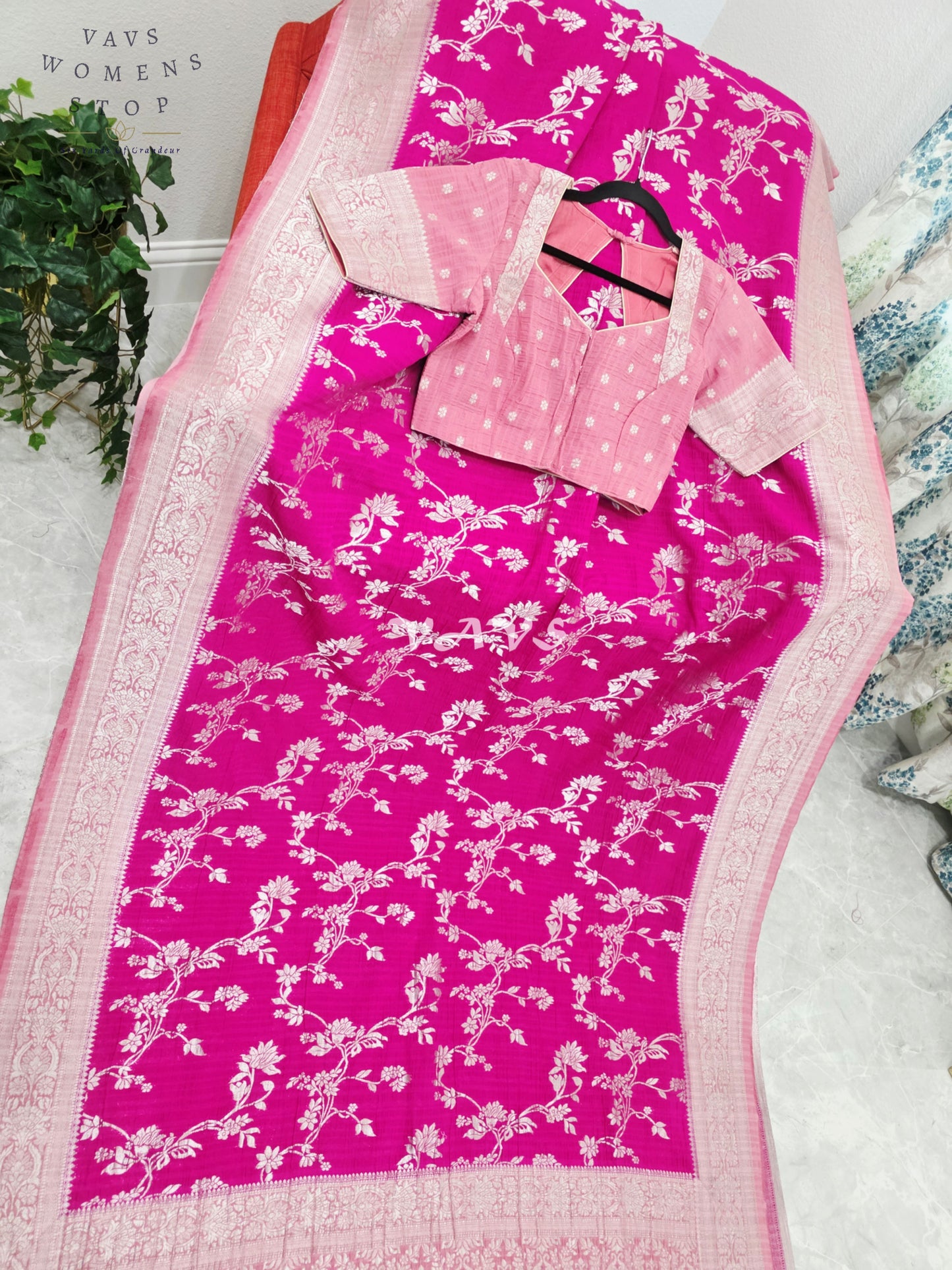 Royal Fuchsia Pink Semi Tussar Georgette Meenakari Designer Saree with Stitched Blouse Size 38-44