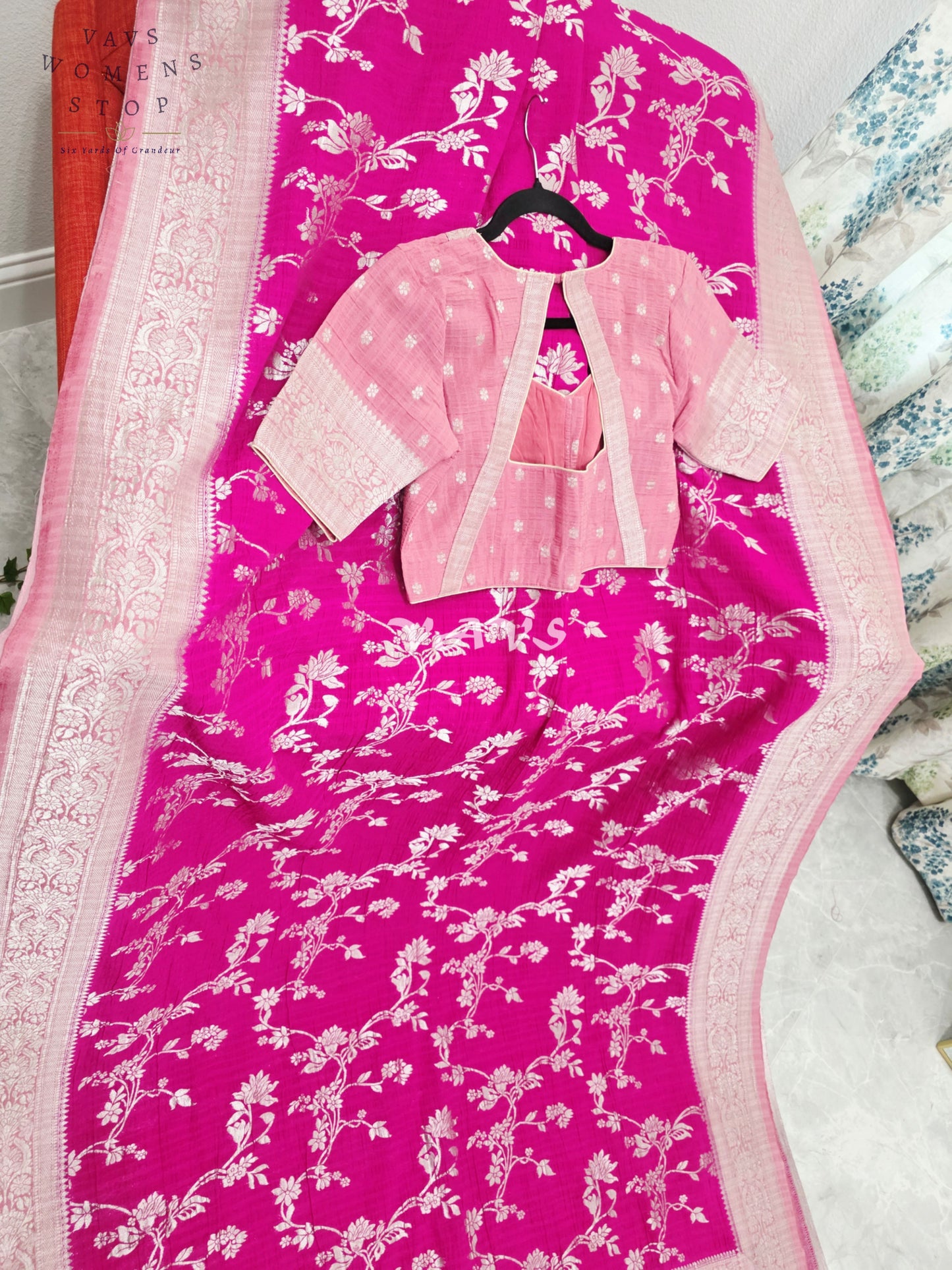 Royal Fuchsia Pink Semi Tussar Georgette Meenakari Designer Saree with Stitched Blouse Size 38-44